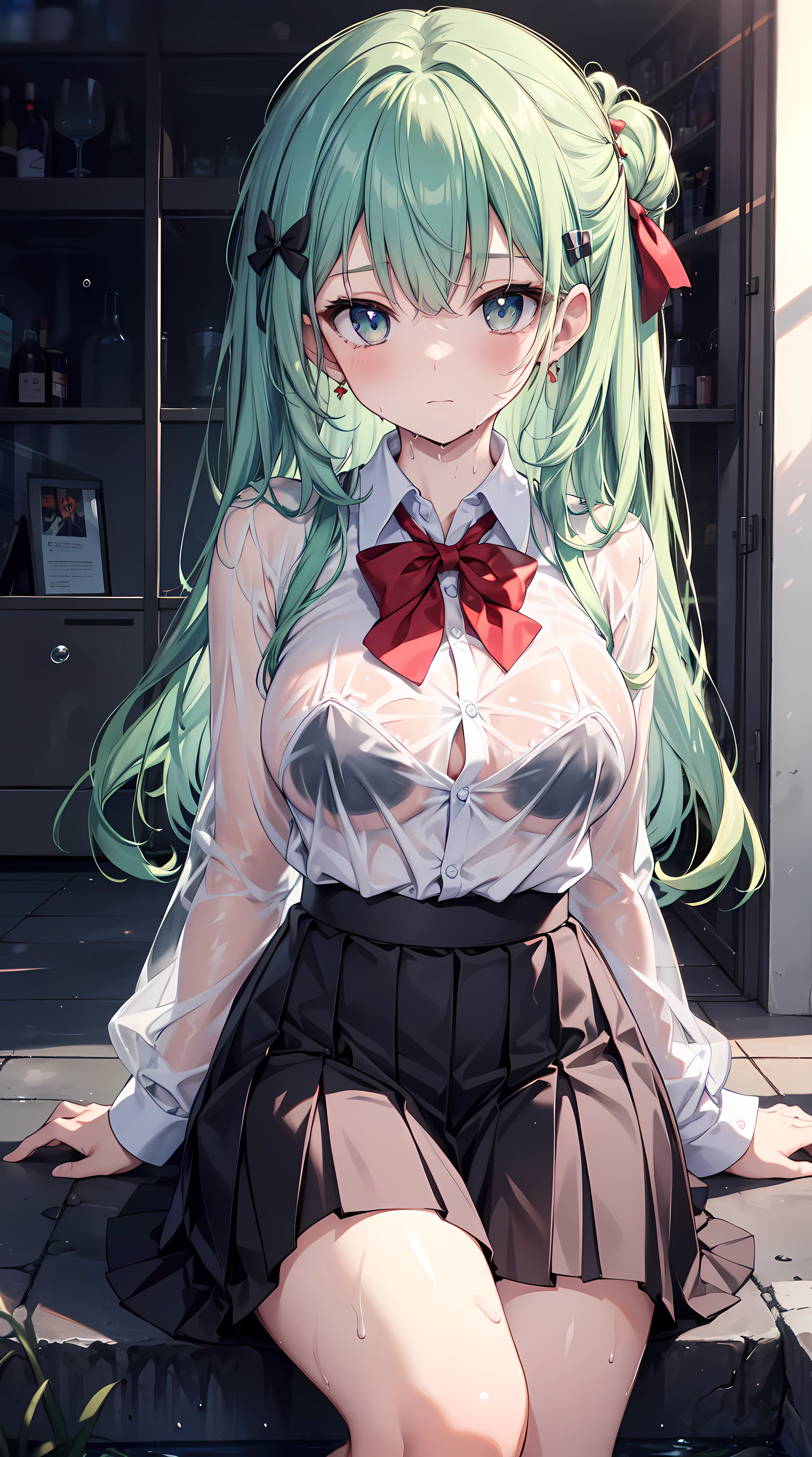 Best quality at best, A high resolution, absurd res, ultra - detailed, Suzuya_(cancolle), 1个Giant Breast Girl, long_the hair, a skirt, Alone, The shirt, Sateen, Wet with_The clothes ar, the hair_decorations, Wet with, nedium breasts, underdressing, pleated_a skirt, ssee-through, neck bowtie, Red_the bow