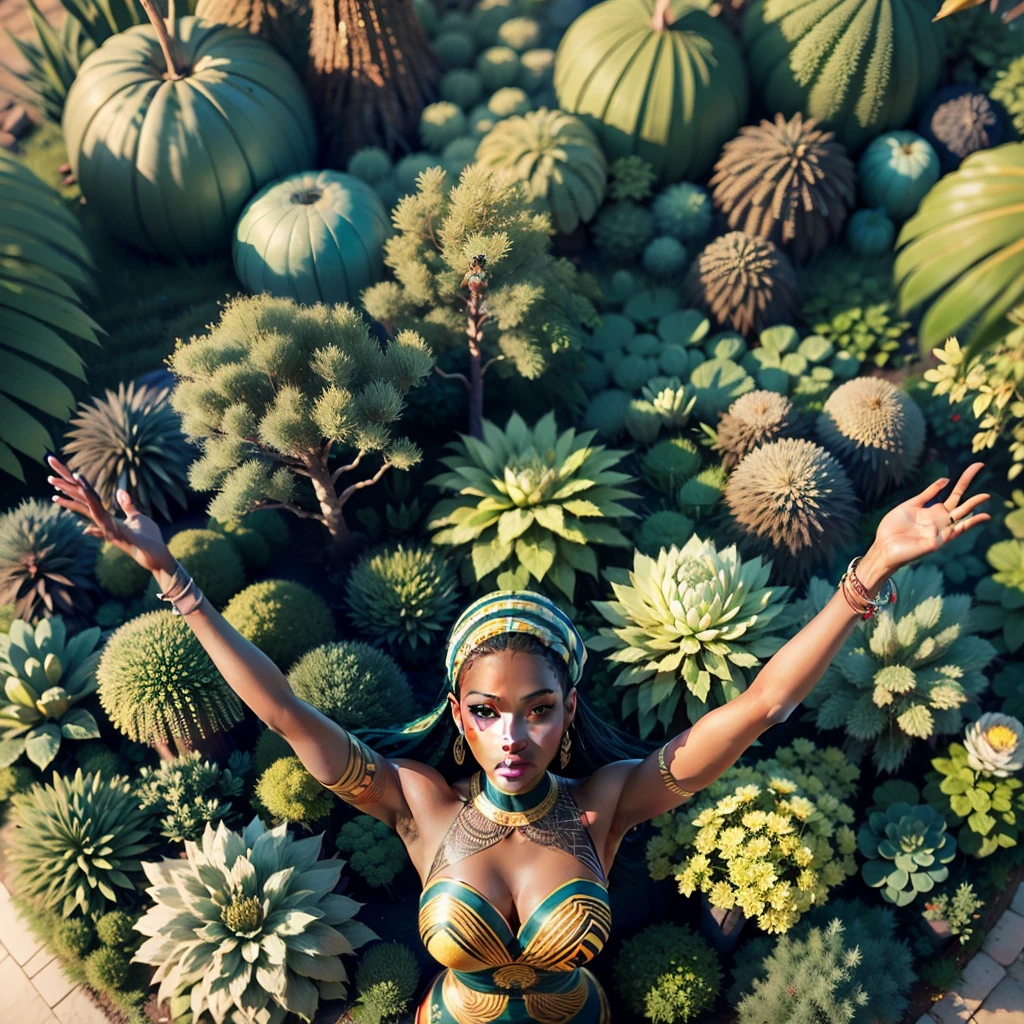 Aerial view shot of a ground sculpture, logo style,a breathtaking image of an African woman with African designed attire on, mixed with sculpture of natural vegetation and climate, a blend of colours grey and green, beautiful aerial sculpture image, 32k, ultra HD, unreal engine rendered, cinematic lighting, artgerm style --auto --s2