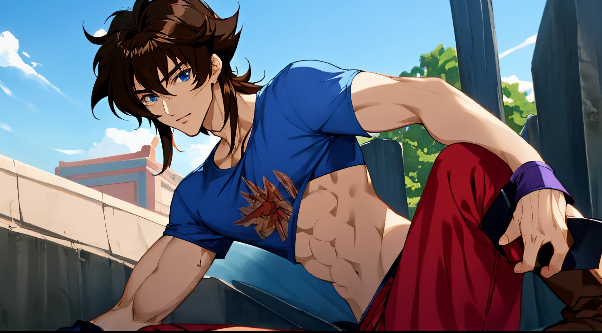 Beautiful Disney princess with her brown hair and honey eyes, lleva un bikini amarillo sexy, It goes hand in hand with Ikki from Saint Seiya's Phoenix, who is a very handsome and manly man with black hair and violet-blue eyes., He wears a blue t-shirt and red jeans with brown boots.