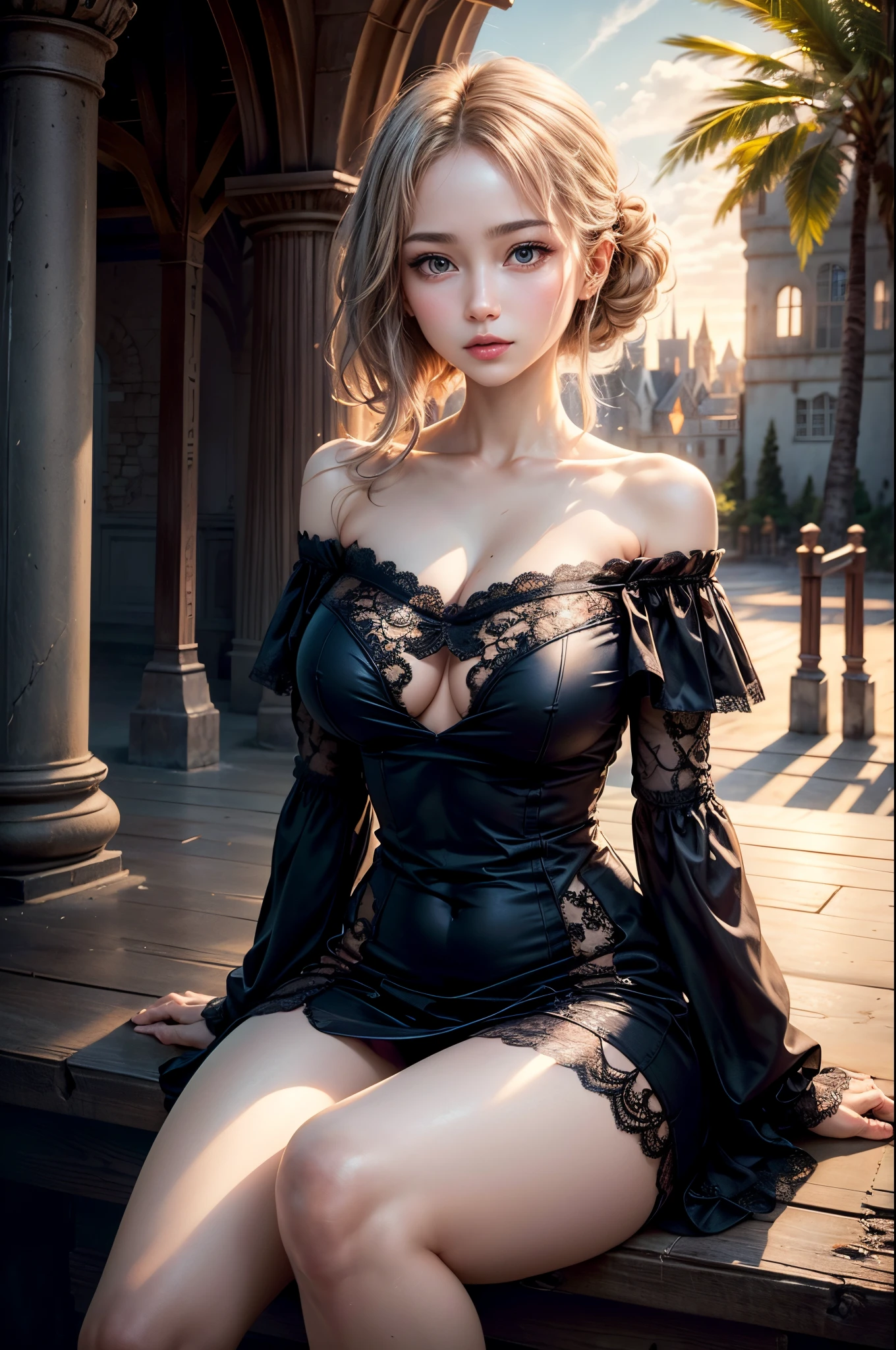 (Best Quality:1.4), (hyper quality), (Ultra-detailed), 1 beautiful girl, Extremely cute, Amazing face and eyes, (beautiful lace gorgeous off shoulder dress:1.5), (beautiful breasts:1.1), (slender body:1.1), Authentic skin texture, bright and shiny lips, Beautiful Goddess Advent, (sitting, legs spread, pubick hair, cameltoe details:1.2), Beautiful background, Golden ratio, conceptual art, Super Detail, ccurate, high details, Anatomically correct, Outdoors, Beautiful jungle, (Giant Castle:1.5), cutting edge, Sexy Art, Open your legs, Surrounded by beautiful sunsets, dazzling lights, Super delicate illustration details, Highly detailed CG integrated 8k wallpapers, RAW Photos, professional photograpy, Cinematic lighting, Super gorgeous illustrations, depth, depth of field, (View from below)