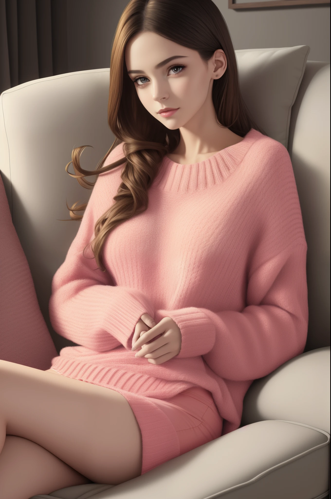 A girl sitting on a comfortable sofa, with crossed legs, soft lighting, wearing a pink sweater, underwear, long legs, and slender physique. (best quality, 4k, 8k, highres, masterpiece:1.2), ultra-detailed, (realistic, photorealistic, photo-realistic:1.37), HDR, UHD, studio lighting, extreme detail description, professional, vivid colors, bokeh, illustration, sharp focus, physically-based rendering, portraits, cozy atmosphere, calm expression.