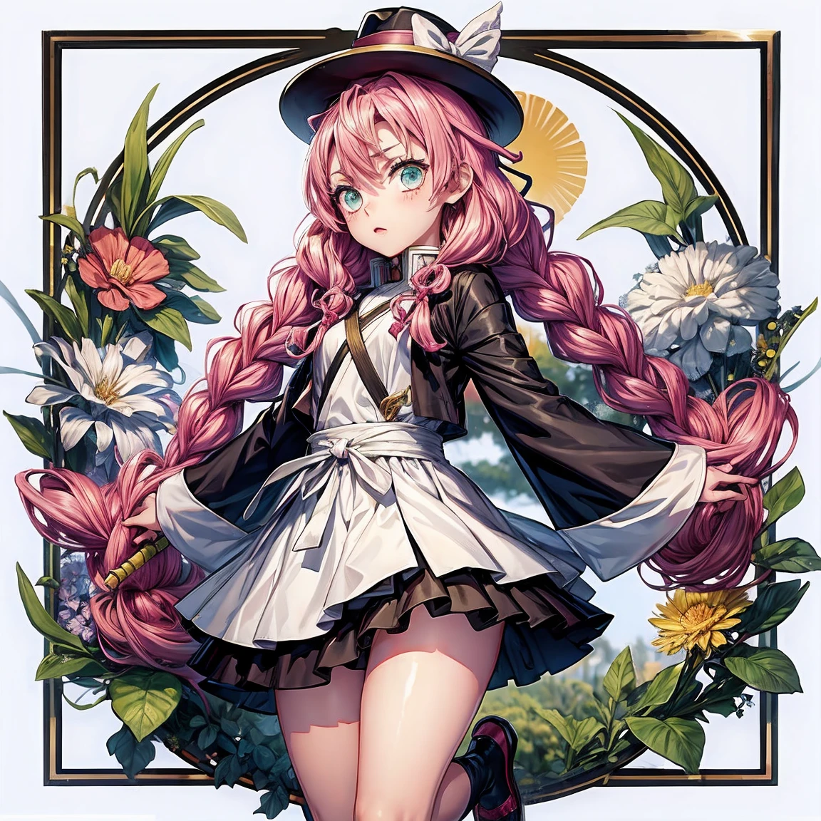 Personaje mitsuri de demon slayer, con su ropa de caracteristica , full body size, y que se vea su sombrero completo y zapatos
