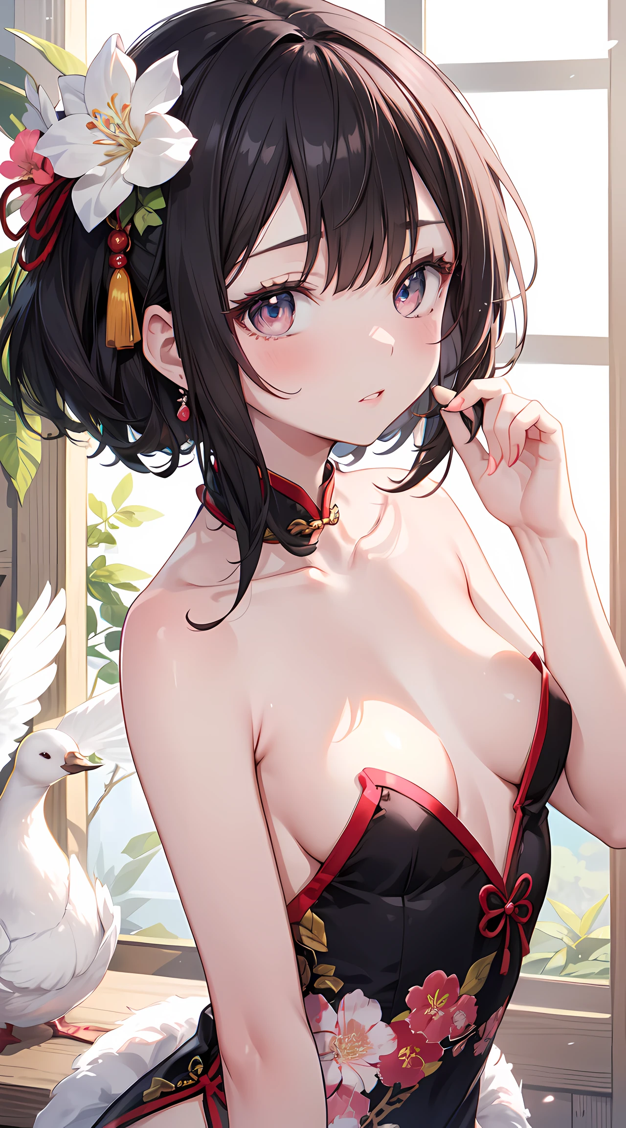 gentle and charming Chinese beautiful woman, Bust photo, delicate and sexy collarbones, Charming goose egg face, 二重まぶた, Vivid peach blossom eyes, red pink lips, small-nose, exposed bare shoulders, Focused face, closeup of face, hyper HD, super detailing, elegant standing pose, Ultra-thin translucent wet yarn