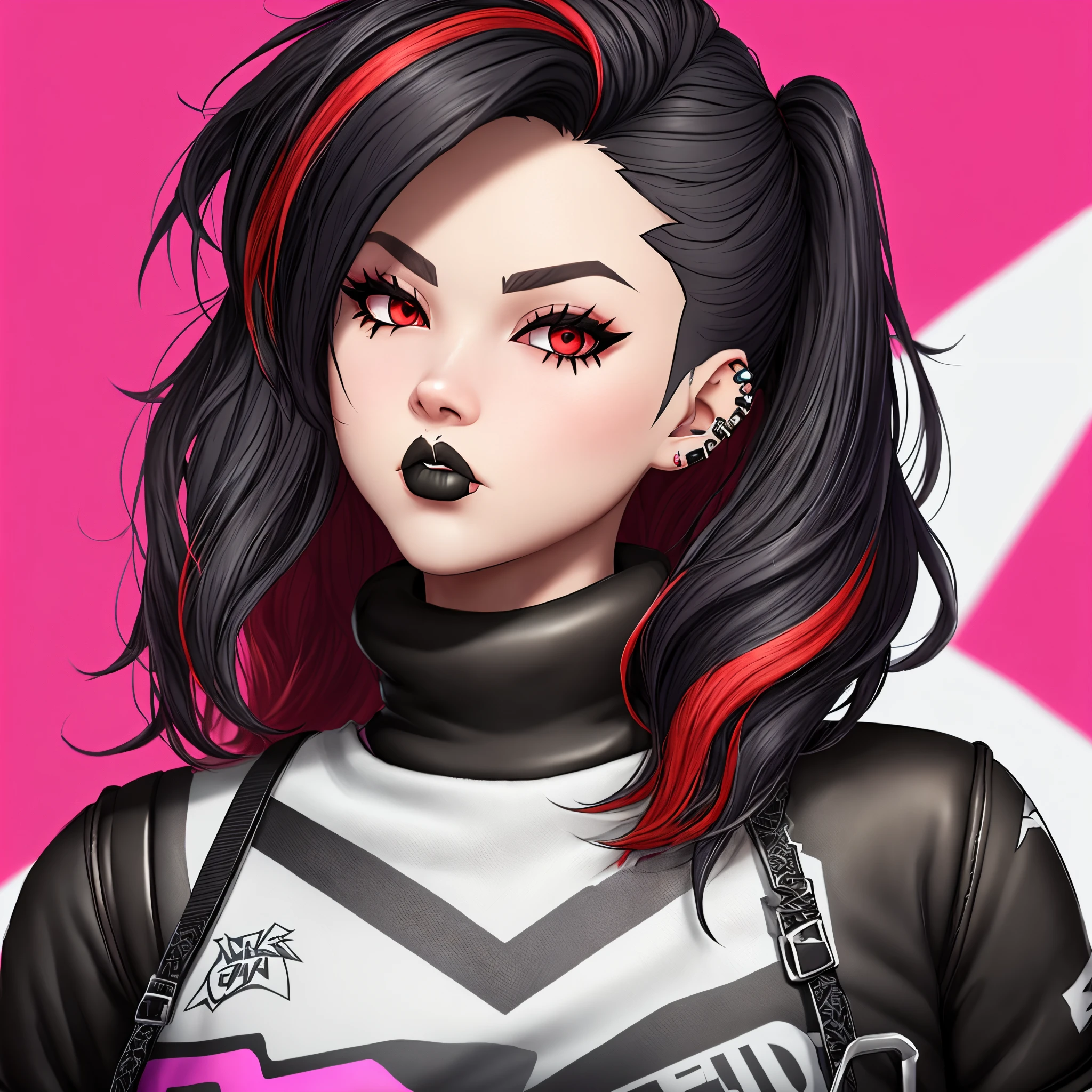 fortnite skin with black and red fadded hair, lip peircing, emo