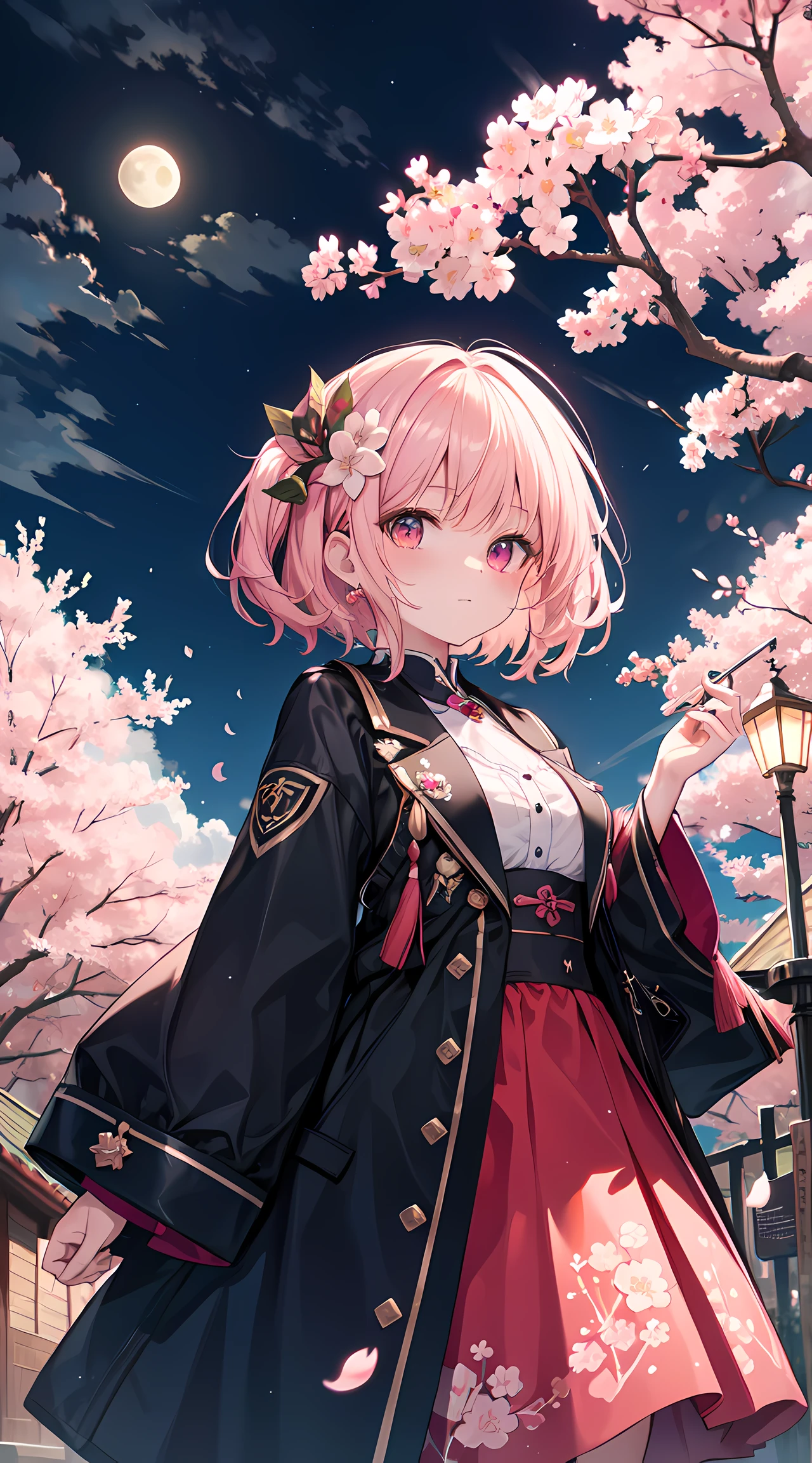 tmasterpiece, Best quality at best, the night, mont, moon full, cabelos preto e longos, maam, glowworm, As estrelas, Mysterious cherry blossom trees, Pink leaves, high qulity, Beautiful graphics, high detal