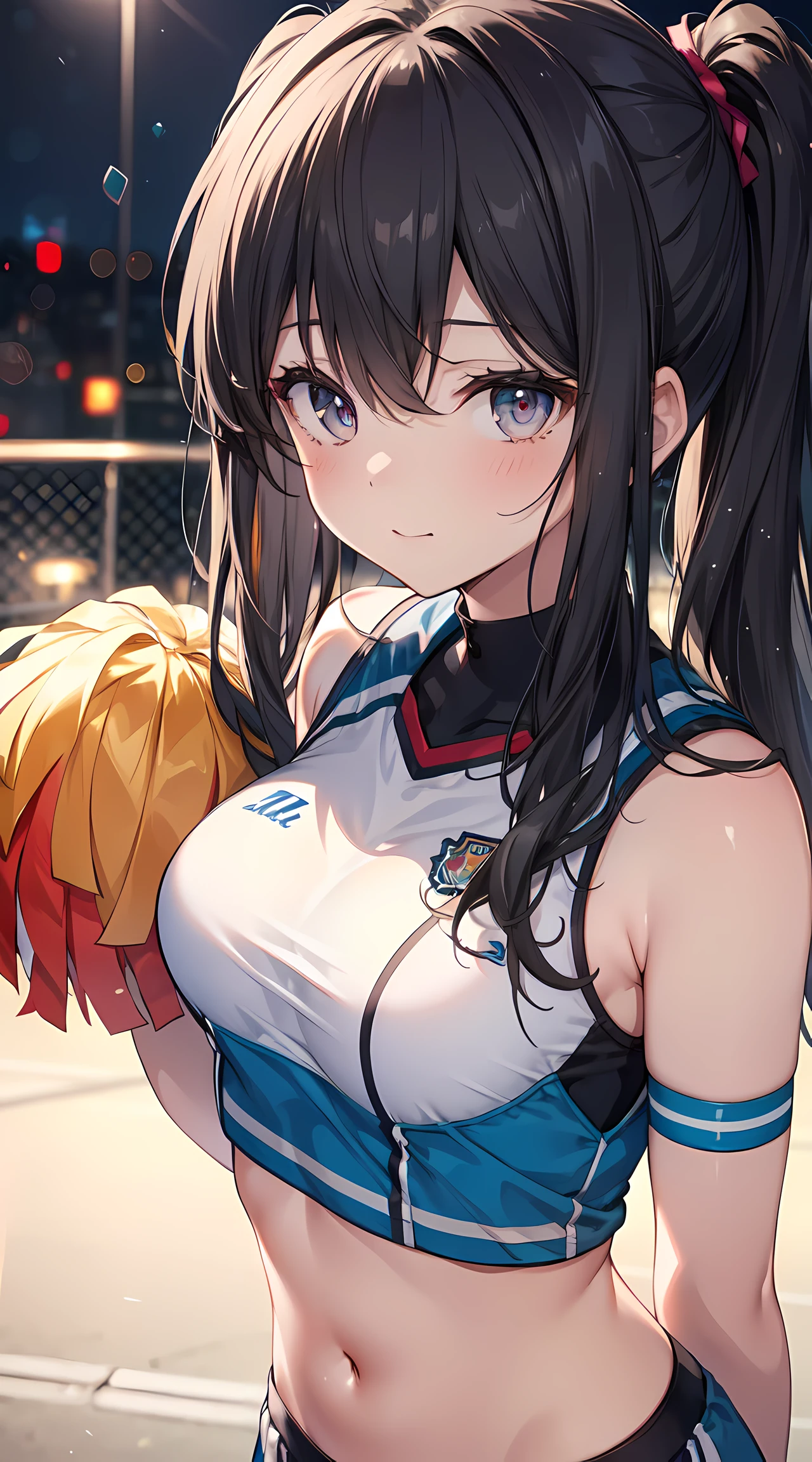 Cheerleader,Small smile,cheering party,Cheer Uniforms, (((tmasterpiece))), (((Best quality))), ((ultra - detailed)), (illuminations), ((Extremely Delicately Beautiful)),(bokeh,vague background),(The best shadow), 1 busty girl,white panties, black hair color hair, Long gray hair, kawaii,Cute big breasts,change, shiny highlights on eyes, Character focus,tilt of the head,