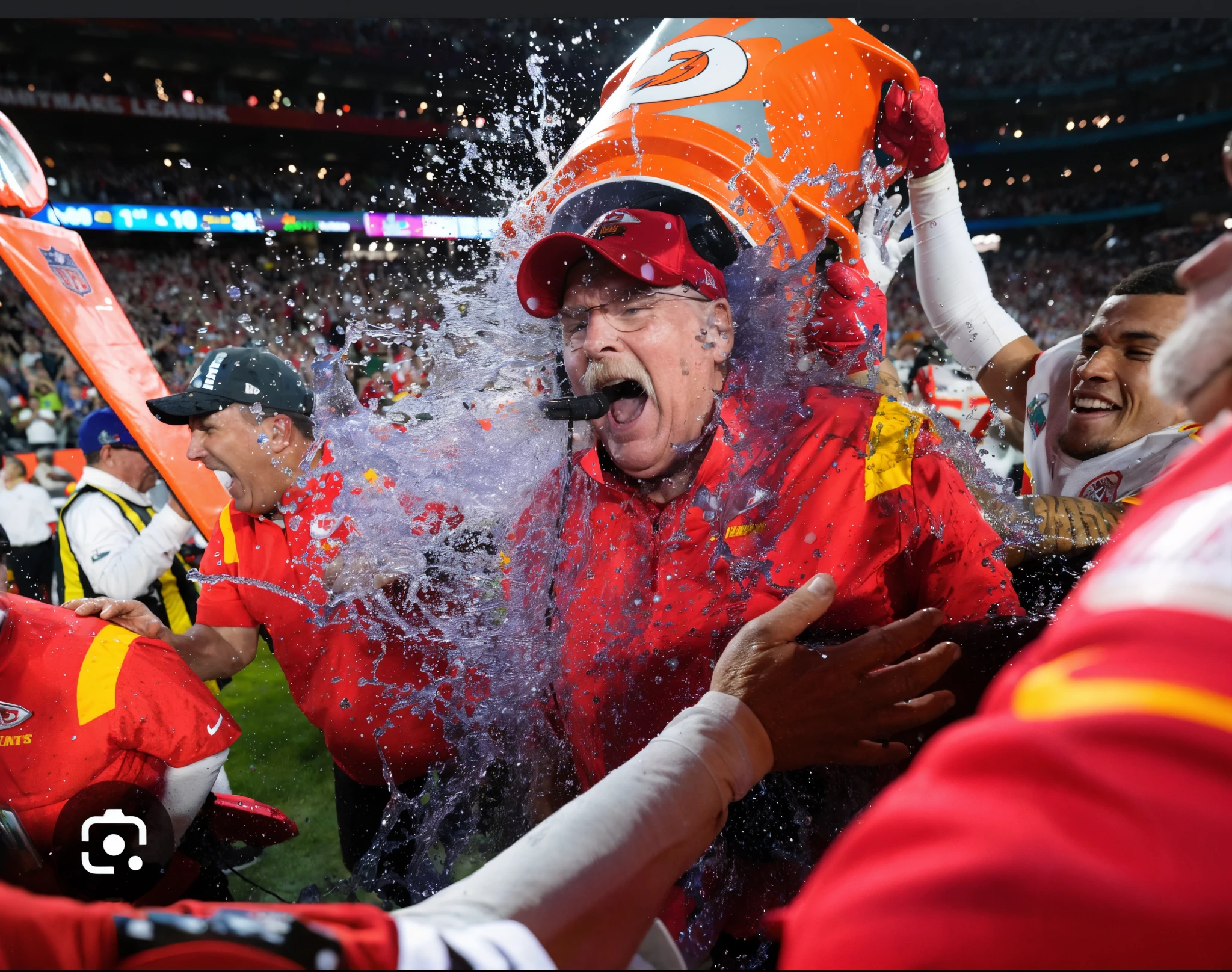 arafed man in a red uniform is throwing water on a football player, 🕹️ 😎 🔫 🤖 🚬, photograph credit: ap, winning photo, 💣 💥, 🇺🇦, nfl, victory lap, very excited, captain, trending ，, award-winning shot, award - winning shot, 💣 💥💣 💥, helmet is off, winning photo of the year