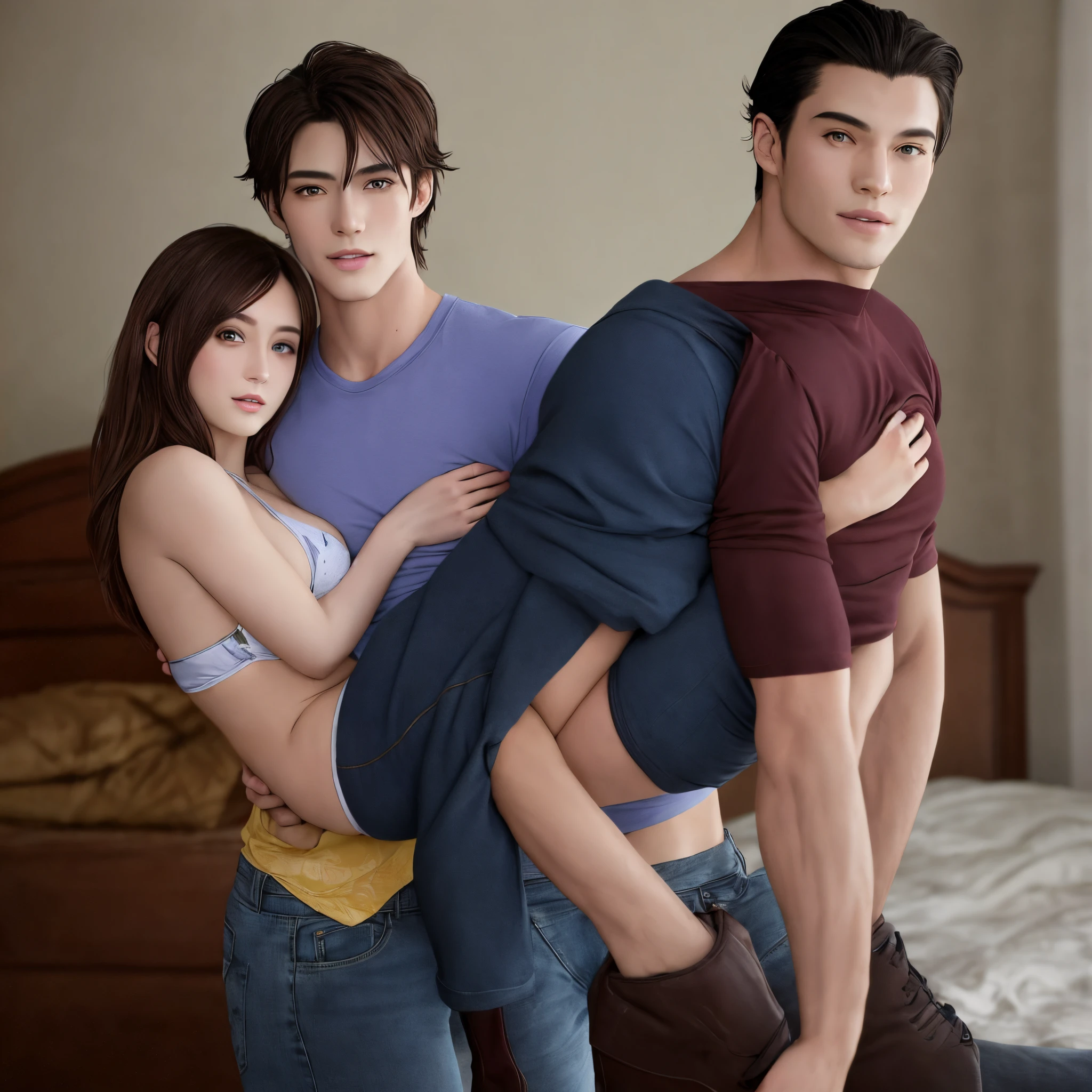 Beautiful Disney princess with her brown hair and honey eyes, lleva un bikini amarillo sexy, It goes hand in hand with Ikki from Saint Seiya's Phoenix, who is a very handsome and manly man with black hair and violet-blue eyes., He is wearing a blue t-shirt and red jeans with brown boots, he is carrying Bella in his arms to the bed.
