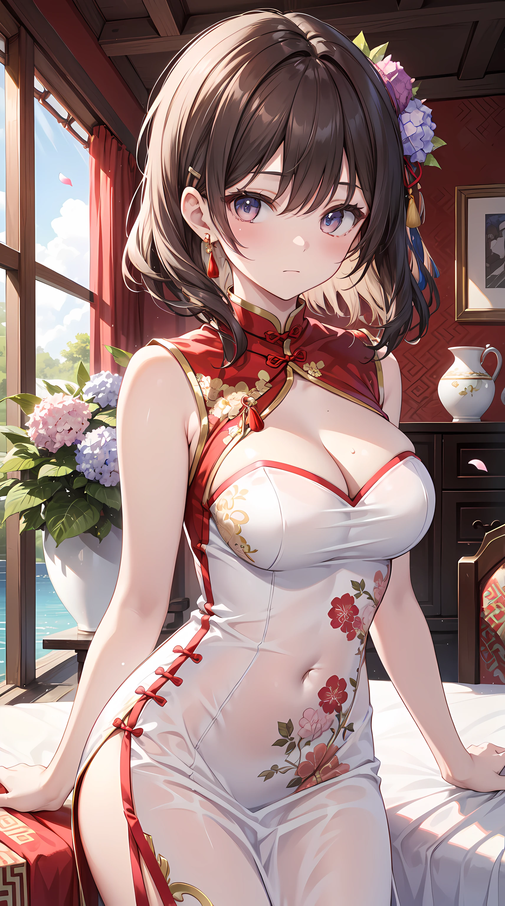 (tmasterpiece), Best quality at best, A high resolution, ultra - detailed, Close-up of people, A beautiful white dress in Chinese style, Chinese dress, exquisitedetails, Cheongsam is beautiful and elegant, brilliant colorful, clothes floating, dramatic angles, Close to nature (closeup cleavage), requirements, Warm colors like sunshine focus on personal warmth, champagne, Details are highlighted, extra long ribbon, avas, full bodyesbian, Many detail elements, Pink petals, Sunlight on the skin, splendor, hair pin, hydrangeas, boudoir.