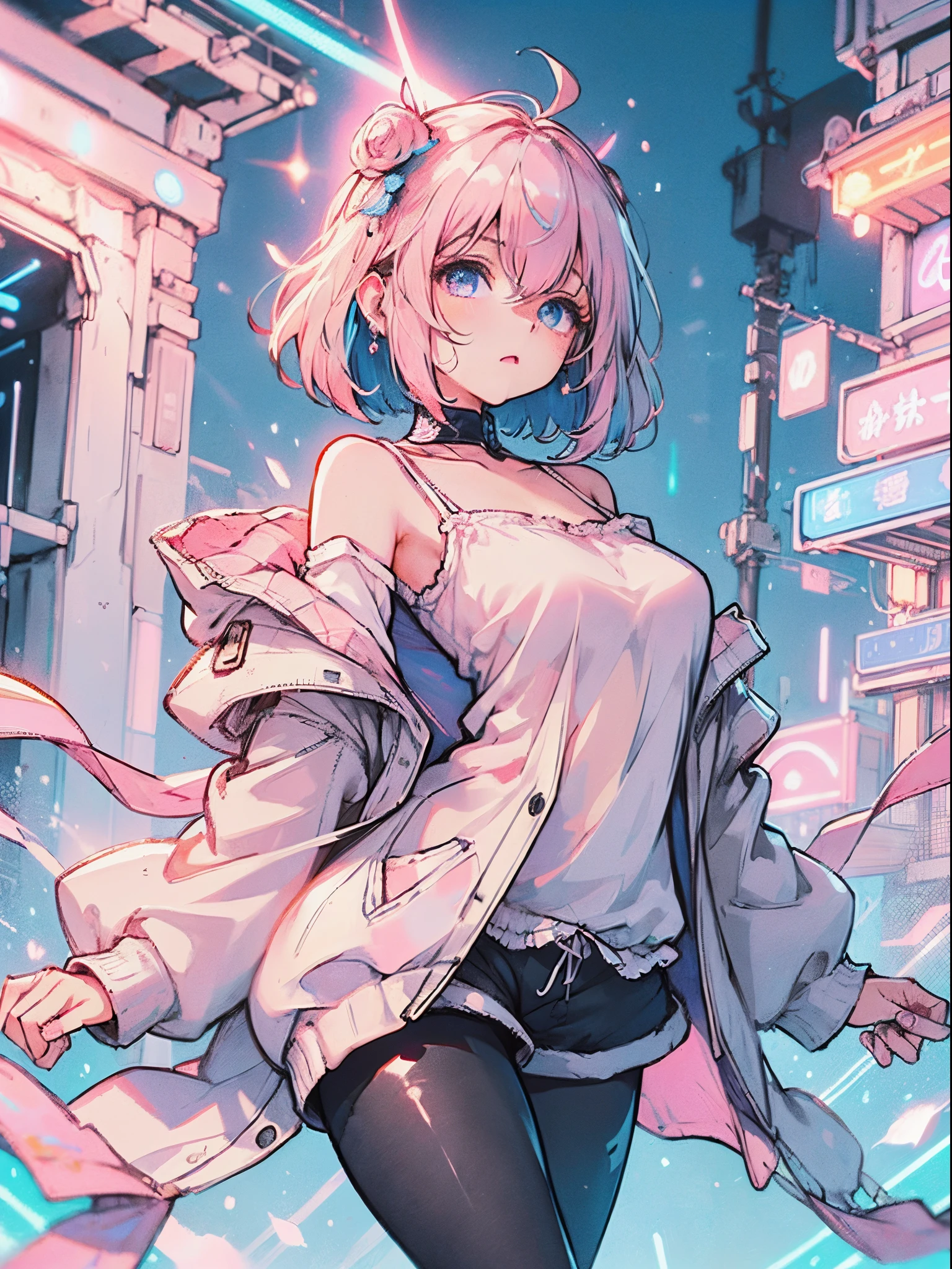 (best quality, masterpiece:1.4), extremely details 8K unity CG wallpaper, high resolution, (anime style, 2D illustration), 1 girl, (cyberpunk impact), bad girl, ((pink Eye shadow)), (Expressionless), earring, ((pink hair|blue hair|bob hair)), blue lipstick, poke face, ((White and purple Y2K jacket, off shoulder take off jacket on arms)), ((white camisole, navel))((shorts)), (((black pantyhose))), Canvas shoes, (((Cowboy shot, from below))), body face to viewer, walking at the street, model pose, BREAK (Perspective:1.3), Details street background, American street, (midnight:1.4), (blue and pink Neon lights:1.5)), (black sky:1.3), pink theme,