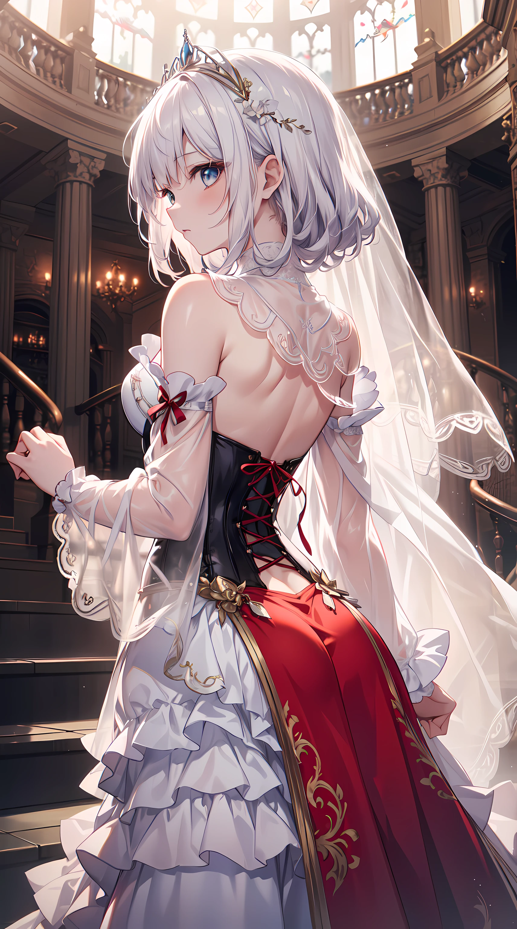 ((extremely detaild的 CG unified 8k wallpapers)), tmasterpiece, ultra - detailed, floating, A high resolution, Sexual suggestiveness, (small, Ridiculously long white hair, A princess, White magician, eBlue eyes, (Gorgeous long white and red sheer tiered maxi dress,Long separate wide sleeves and intricate embroidery), wedding veil, cirque, bridalgauntlets, Be red in the face, the shy, Hunched back, Ruffled petticoat, ornate corset,