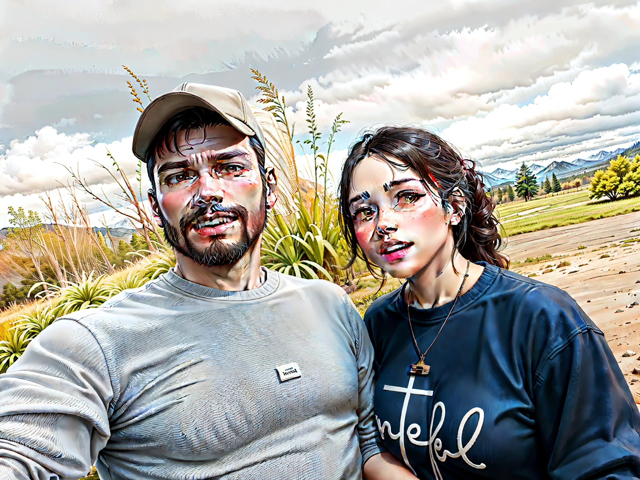 there is a man and woman standing together in a field, with mountains in the background, with mountains in background, with mountains as background, hills in the background, mountains in the background, jungles in the background, lovely couple, ghutra and egal, facebook post, 8k selfie photograph, in front of a forest background, standing in front of a mountain