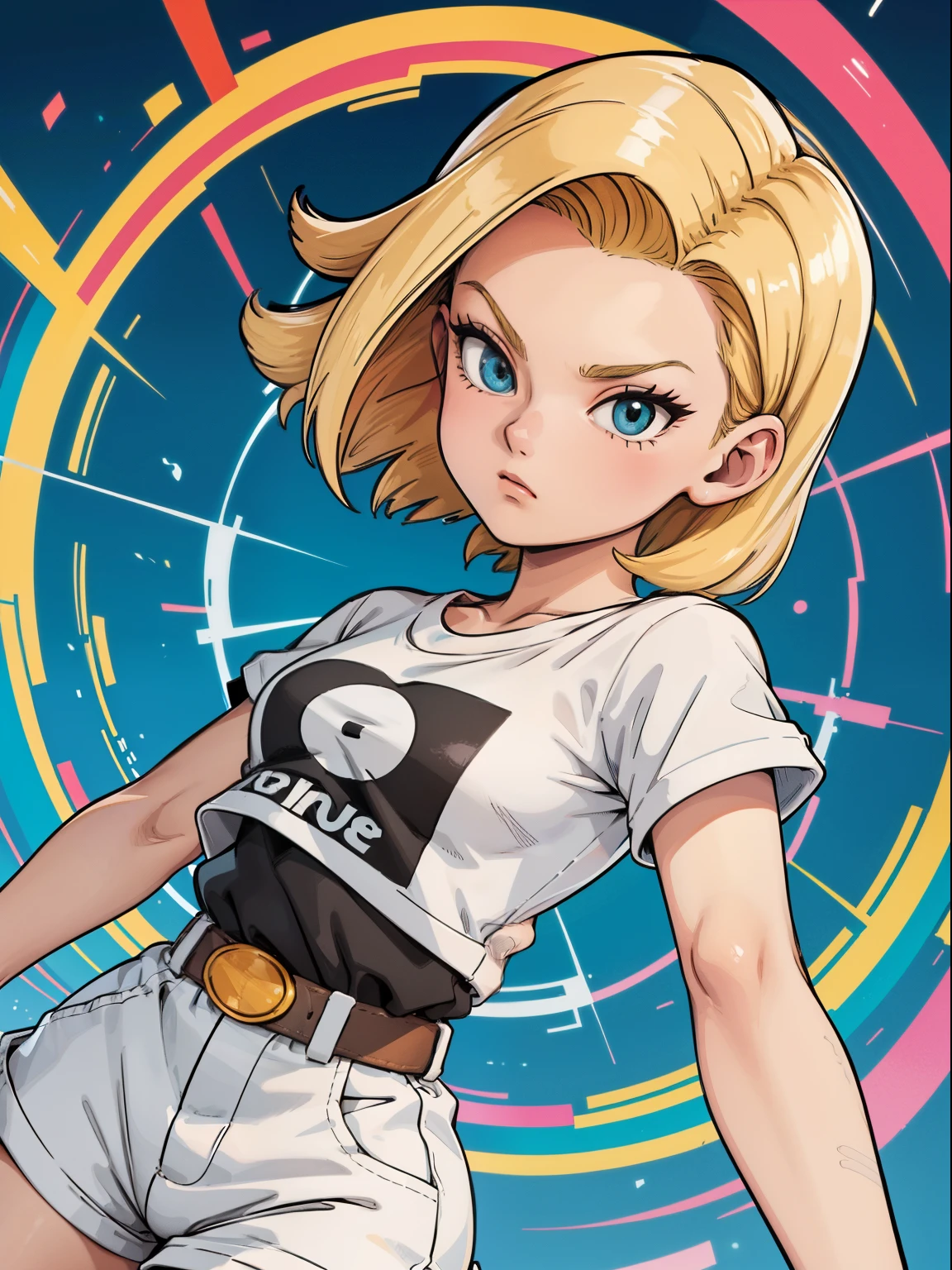 Estilo vectorial, colores vibrantes, Fondo simple、fondo blanco、Paiting de acuarela、burst of color, Android18, Inside a circle, t-shirt design