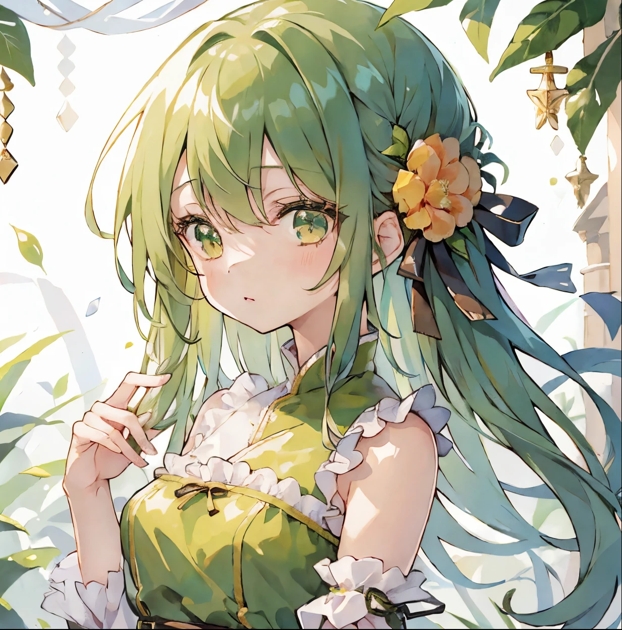 Highly detailed, 8K, masutepiece, 1girl in、Background Simple、(((The upper part of the body、8K、)))Best Quality、Green eyes、Green hair、fluffy hair、Long、Green dress、one piece dress、Loose clothing、Have flowers、florals、Yellow flowers、((((Delicate eyes))))