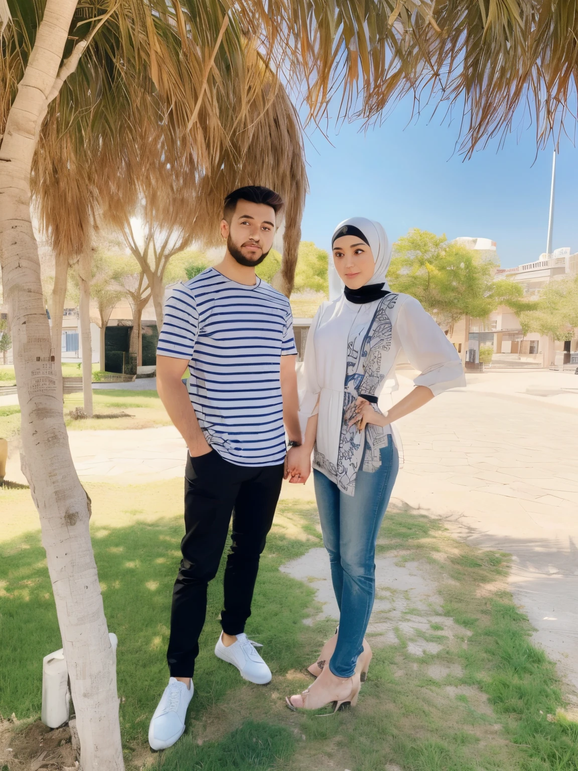 Man and woman stand together looking to each other, he wears a black pants and plain white shirt. he has a very short hair and beard. the girl wears blue dress soiree, heels and beautiful beige hijab. the background is a hotel building.