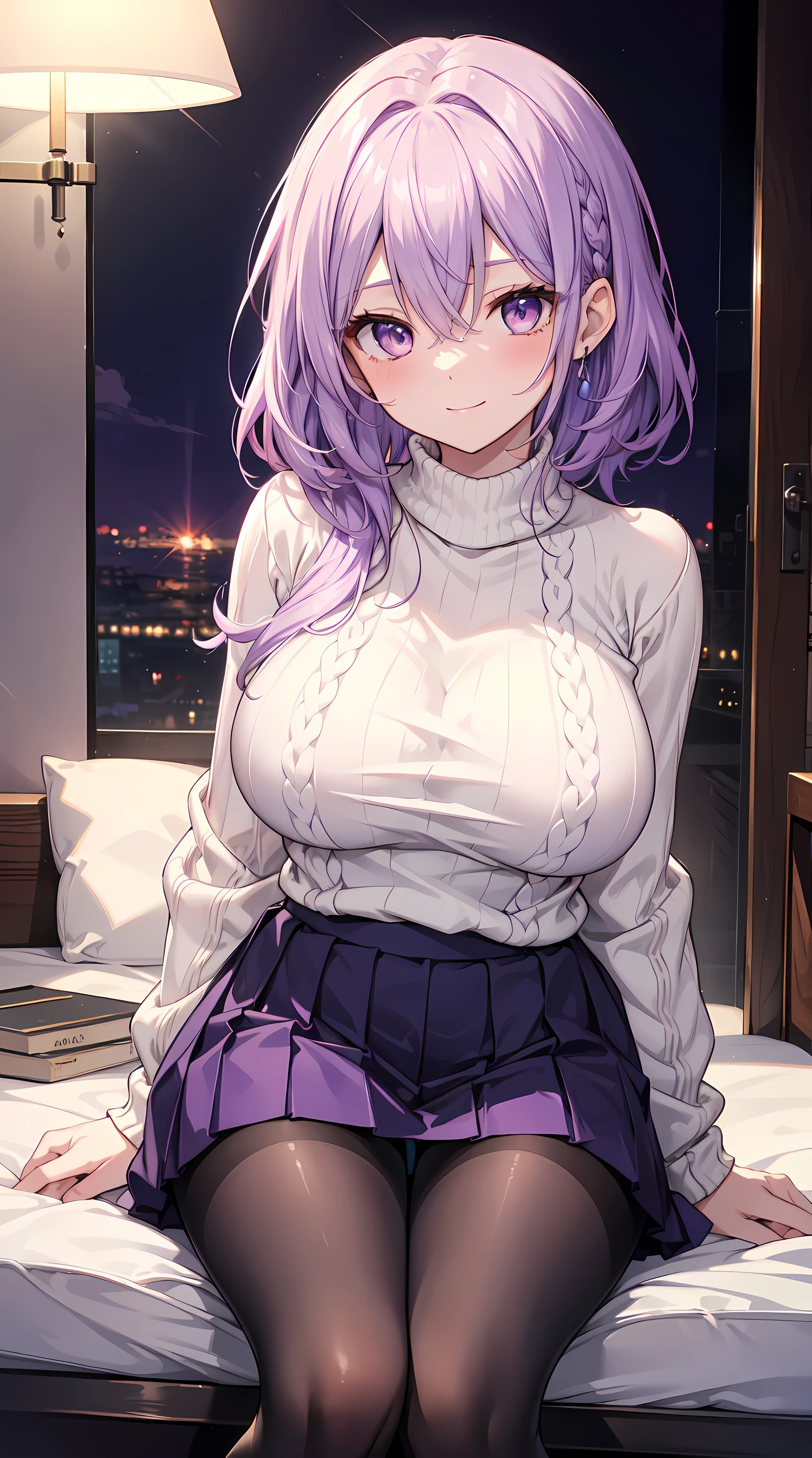 tmasterpiece, Best quality at best, 1个Giant Breast Girl, ((looking at viewert)), lilac purple hair, a purple eye, long whitr hair, Sweaters, Sweater skirts, lacepantyhose, 163cm, hair between eye, Large breasts, AS-Adult, 33yo, mature, eye glass, Alone, lone, ssmile,
