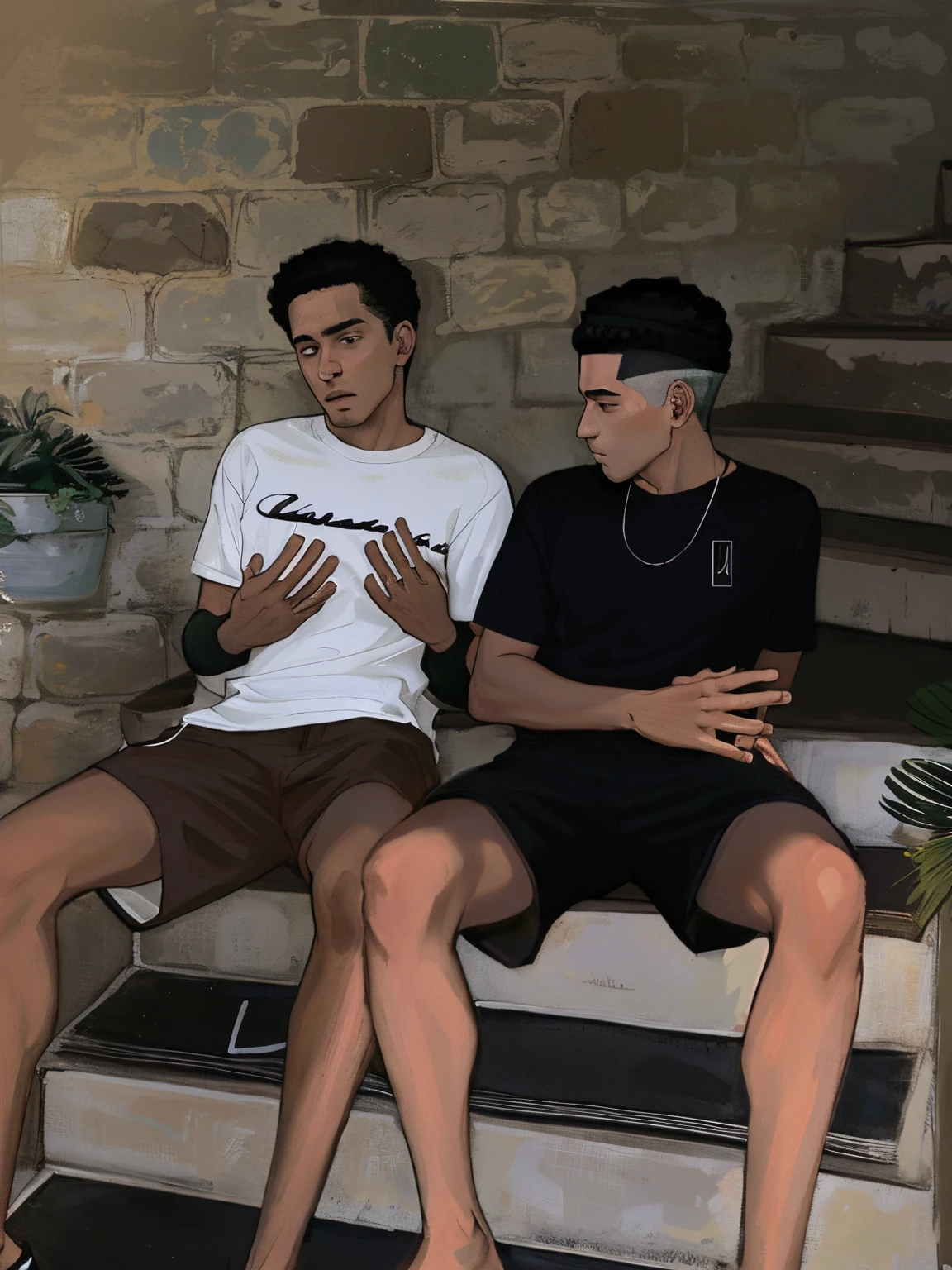 Person/01 has slightly tanned skin, a larger nose, wears black glasses and has medium-length black curls. He is wearing a white Nike t-shirt, black sweatpants and white Nike Air Force One. On his left wrist he wears a silver and blue Rolex Daytona. Person/02 has light skin, a normal nose, no beard other than a slight mustache, and a longer, brown boxer cut. He wears a black Nike sweater, black pants, white Nike Air Force One, a silver and blue Rolex Daytona on his left wrist, a silver chain on his right and a black ring on his middle finger. The two friends sit on benches close to each other around a campfire with grilled meat over it. They each hold a glass of alcohol in their left hand and a cigarette in their right hand. Around them are cigarette packs, beer, wine, vodka, Jägermeister, grill plates, snacks and a JBL box.