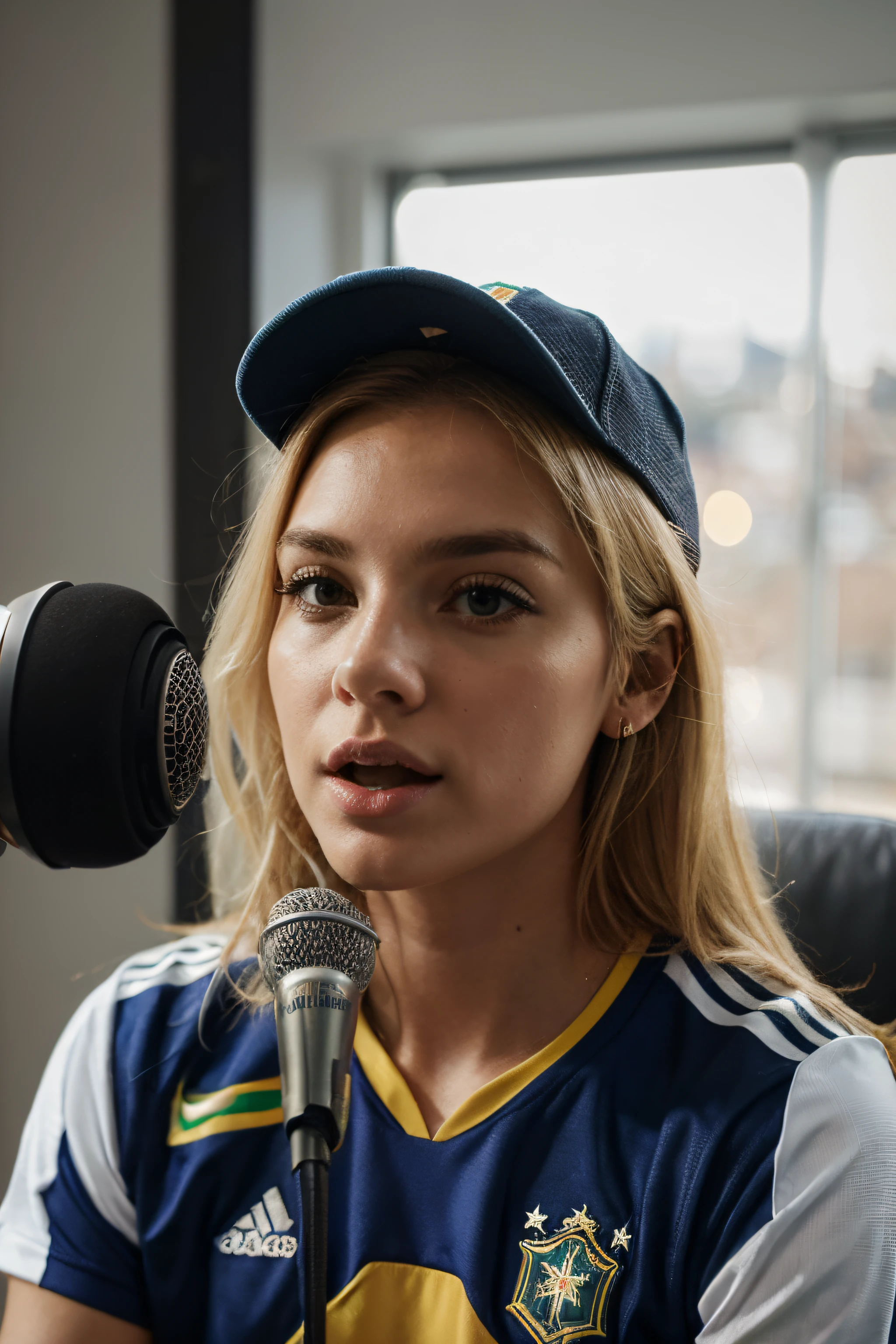 brazilian patriotic blonde girl wearig a cap and a national football team shirt speaking in his podcast microphone looking to camera