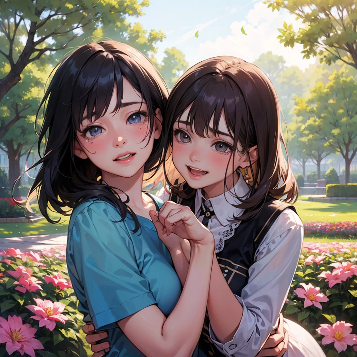 (best quality,4k,highres:1.2),with 9 stamps、photo splitter、emotions、ultra-detailed,realistic,portrait painting,soft colors,dimmed lighting,emotional expressions,expressive eyes,happy and cheerful atmosphere,warm sunlight,gentle breeze,beautiful garden,flowerbeds,colorful flowers,butterflies flying around,happiness,excitement,laughter,tears of joy,dancing,playful poses,interaction between characters,friendship between girls,memorable moments,captured in one frame