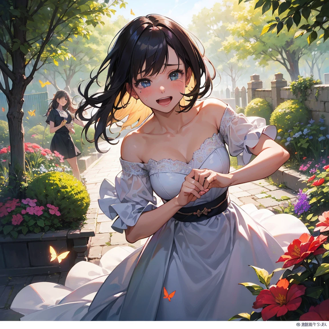 (best quality,4k,highres:1.2),with 9 stamps、photo splitter、emotions、ultra-detailed,realistic,portrait painting,soft colors,dimmed lighting,emotional expressions,expressive eyes,happy and cheerful atmosphere,warm sunlight,gentle breeze,beautiful garden,flowerbeds,colorful flowers,butterflies flying around,happiness,excitement,laughter,tears of joy,dancing,playful poses,interaction between characters,friendship between girls,memorable moments,captured in one frame