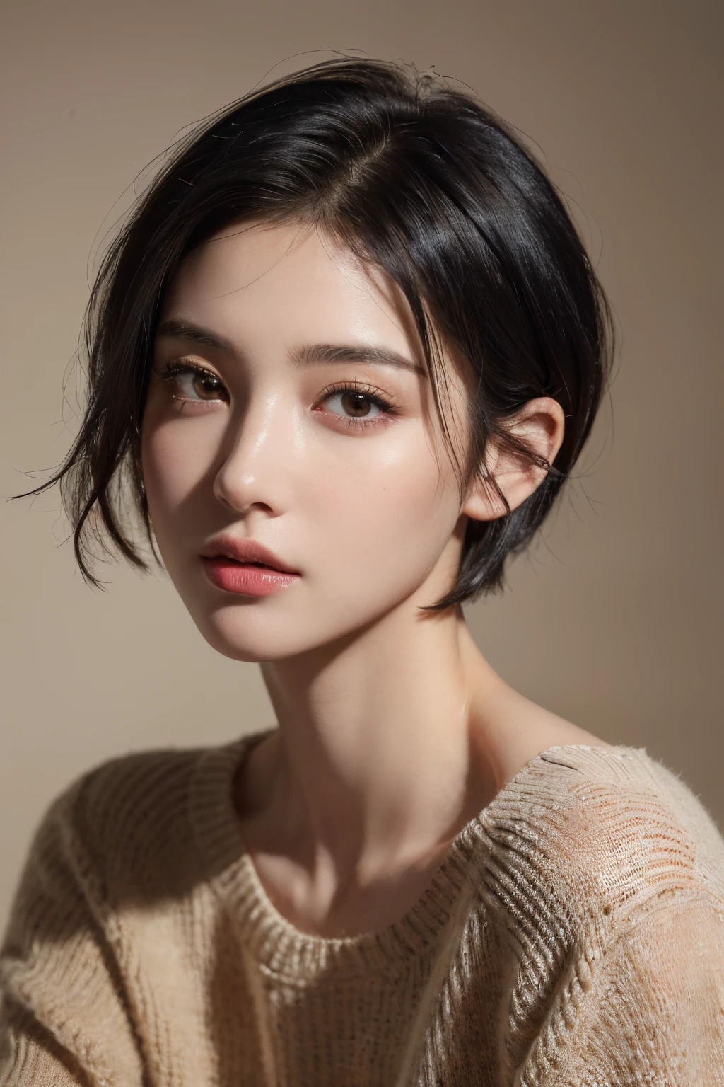 (masterpiece:1.3), (8k, photorealistic, RAW photo, best quality: 1.4), (1girl), beautiful face, (realistic face), (black hair, short hair:1.3), beautiful hairstyle, realistic eyes, beautiful detailed eyes, (realistic skin), beautiful skin, (sweater), absurdres, attractive, ultra high res, ultra realistic, highly detailed, golden ratio