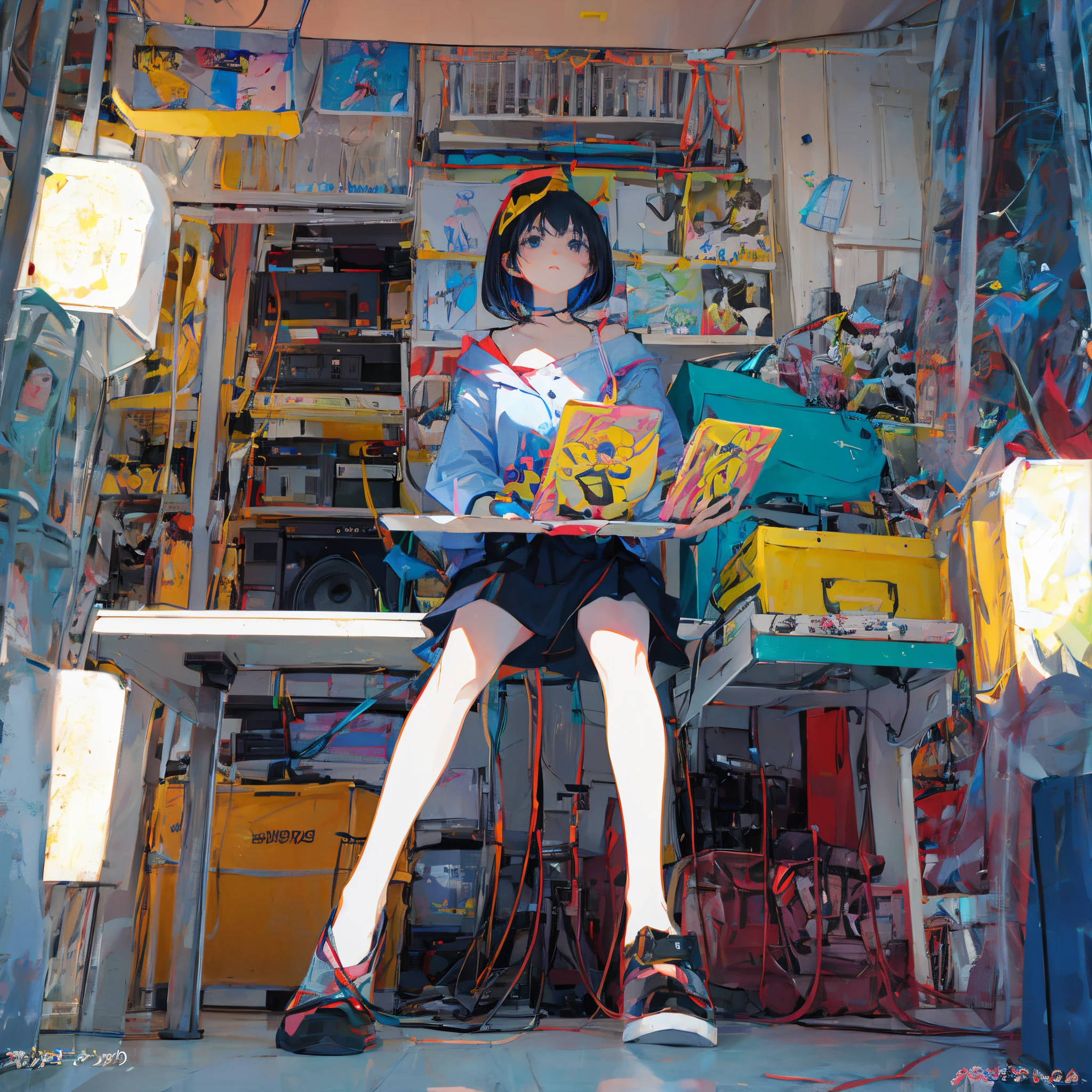 a girl drawn in the style of an old anime sitting in a white room.
la chica tiene el pelo negro, Corte de pelo Bob.
La chica lleva un top blanco..
there is a fan and big music speakers nearby