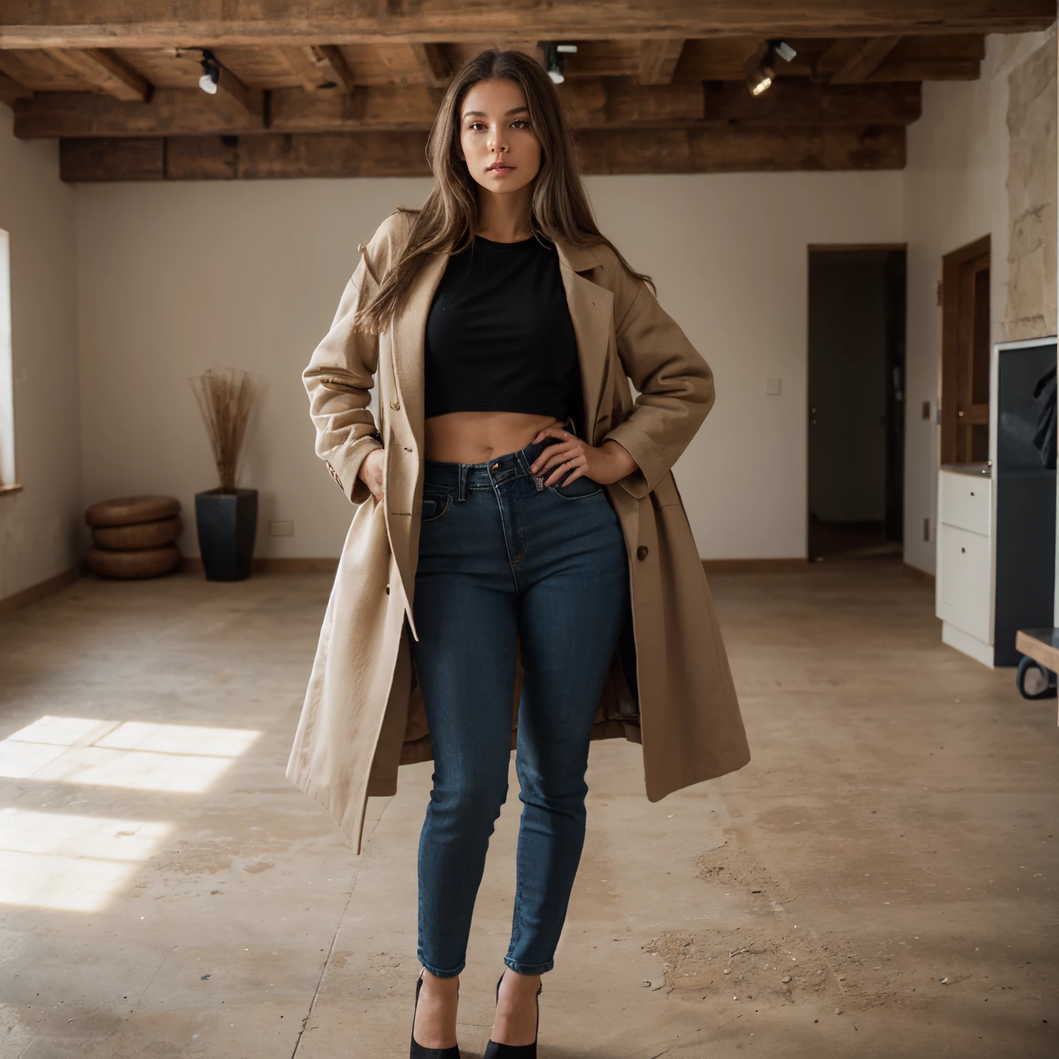 beautiful model, silver hair, brown eyes, long hair, hourglass waist, wide legs, medium breasts, big buttocks, long beige coat, black shirt, straight light blue jeans, black platform heels, posing, athletic body, whole body, rustic room, black shirt