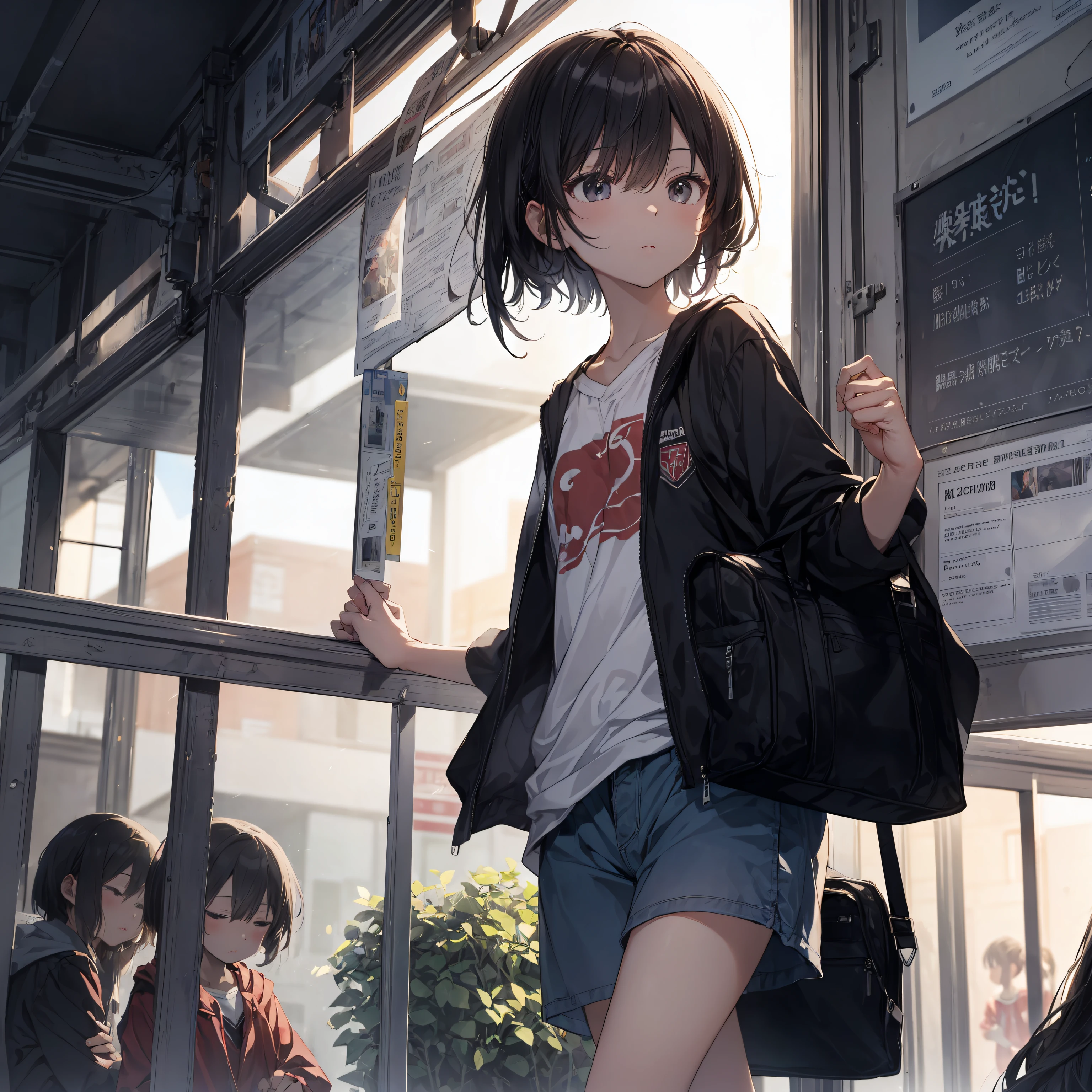 god quality,  anime moe artstyle,best anime 8k konachan wallpaper,badass anime 16k,perfect anatomy, (Please draw a girl walking sleepily to school. :1.3),break, 1girl, (Solo,Loli,child,13-year-old:1.5),a junior high school student, androgynous charm, (Very Short hair), Full limbs, complete fingers,flat chest, Small butt, groin, Small eyes,beatiful detailed black eyes,disgusted eyes, school Uniform, in the School commute route. break,ultra-detailed,high resolution,super detailed skin, professional lighting,(god illustration:1.2),