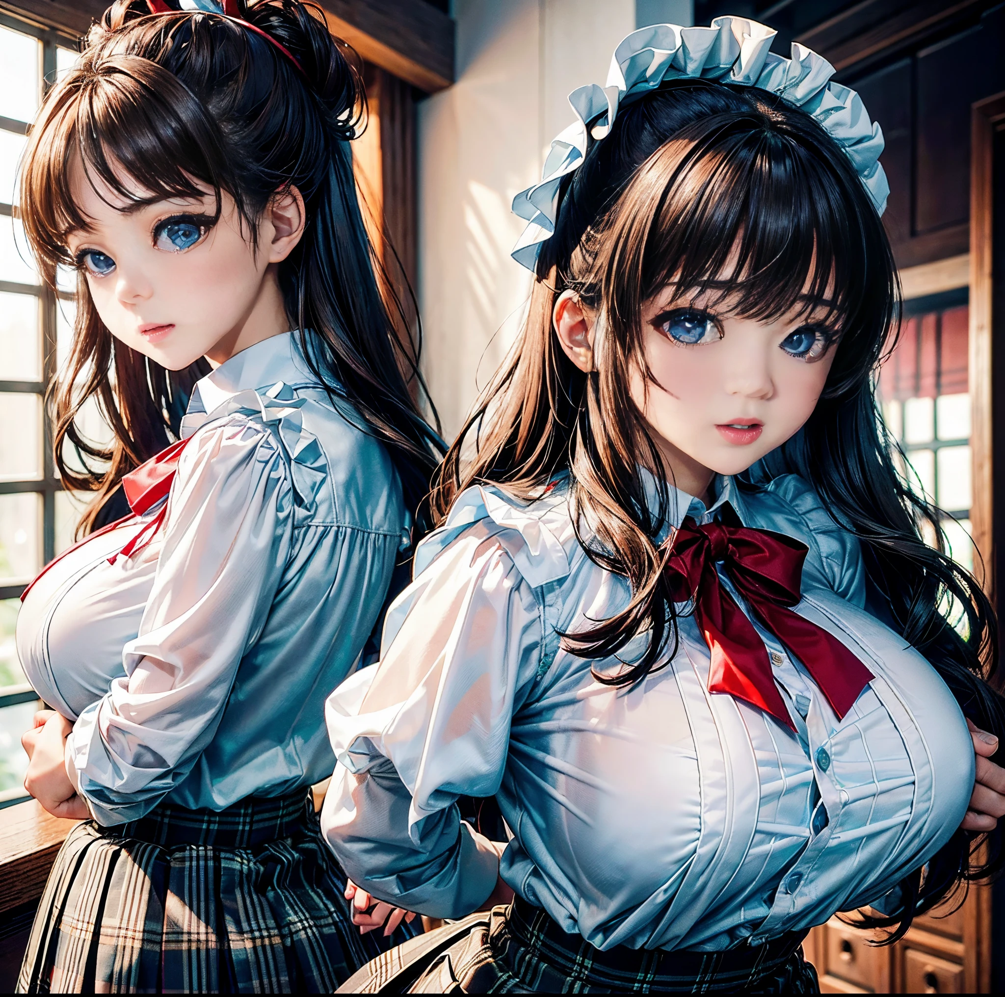 top-quality, 8K picture quality, masterpiece, Professional lighting without shadows, A hyper-realistic, perfect anatomia, (Two girls), (with perfect body、Colossal breasts with tension:1.2), Bright whitening skin, (Plump red tear bags and bright and beautiful blue eyes reflect a lot of light:1.2)、 A deep red ribbon tie is wrapped around the collar...、Made of ultra-thin white fabric that fits snugly against your skin.、Tight and neat blouse.、No skin is exposed on the upper body。, Dress up with a super short mini pleated tartan check skirt., (her skirt is dramatically too short:1.3), (Proudly showing off her taut huge breasts from the front through her blouse:1.3), (Another girl on the other side pulls up her skirt and shows off her big ass from behind:1.2),