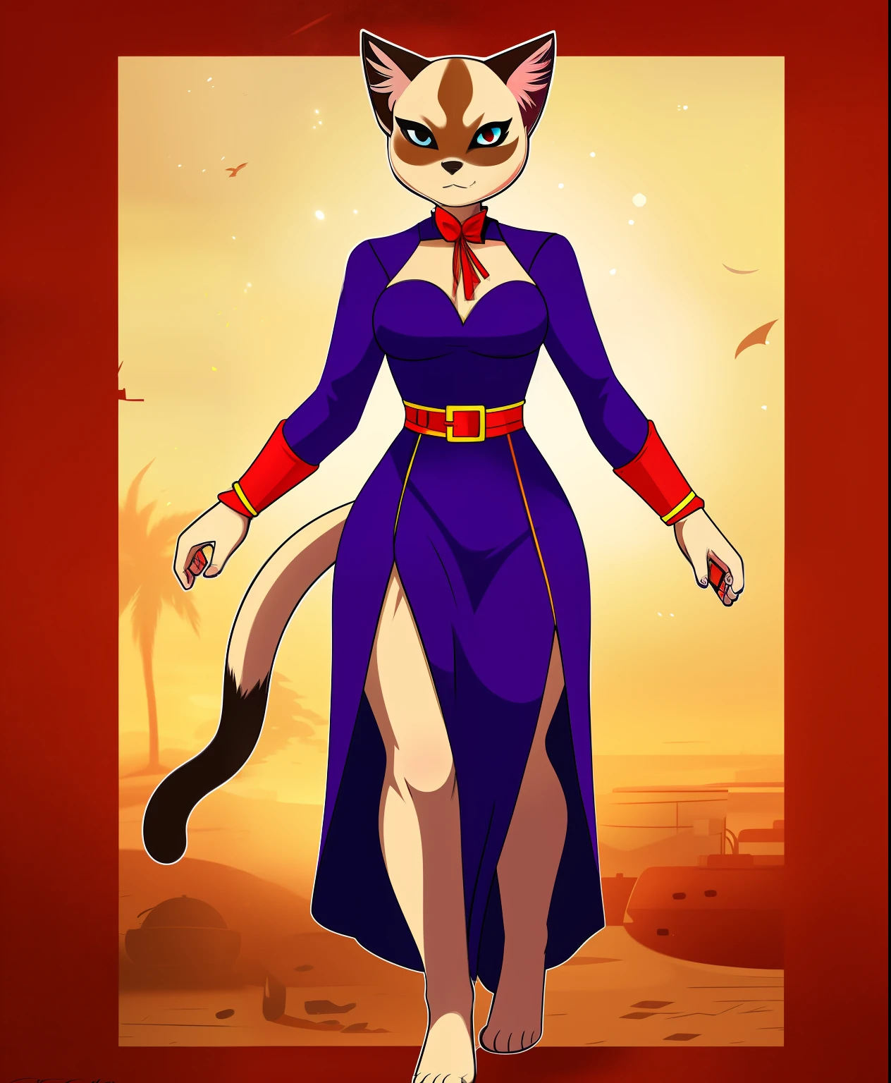 Jigsaw the female siamese cat supervillain, cat themed dress, full body view