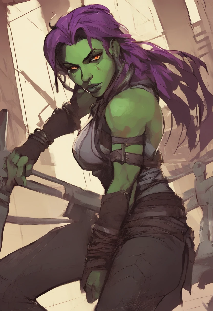 (((COMIC STYLE, CARTOON ART))). ((1 girl)), lonly, A comic-style image of Gamora, with her as the central figure. She is standing, with her hands holding a sword. She wears a black and purple costume, ((pink anda purple hair)). She has long, straight black hair, (((Hot body, sexy, sensual, camel toes))), ((green skin)) eyes and red lips. She is surrounded by an alien planet, with mountains, rivers and vegetation. She has a determined and confident expression, as if she is ready to fight evil.