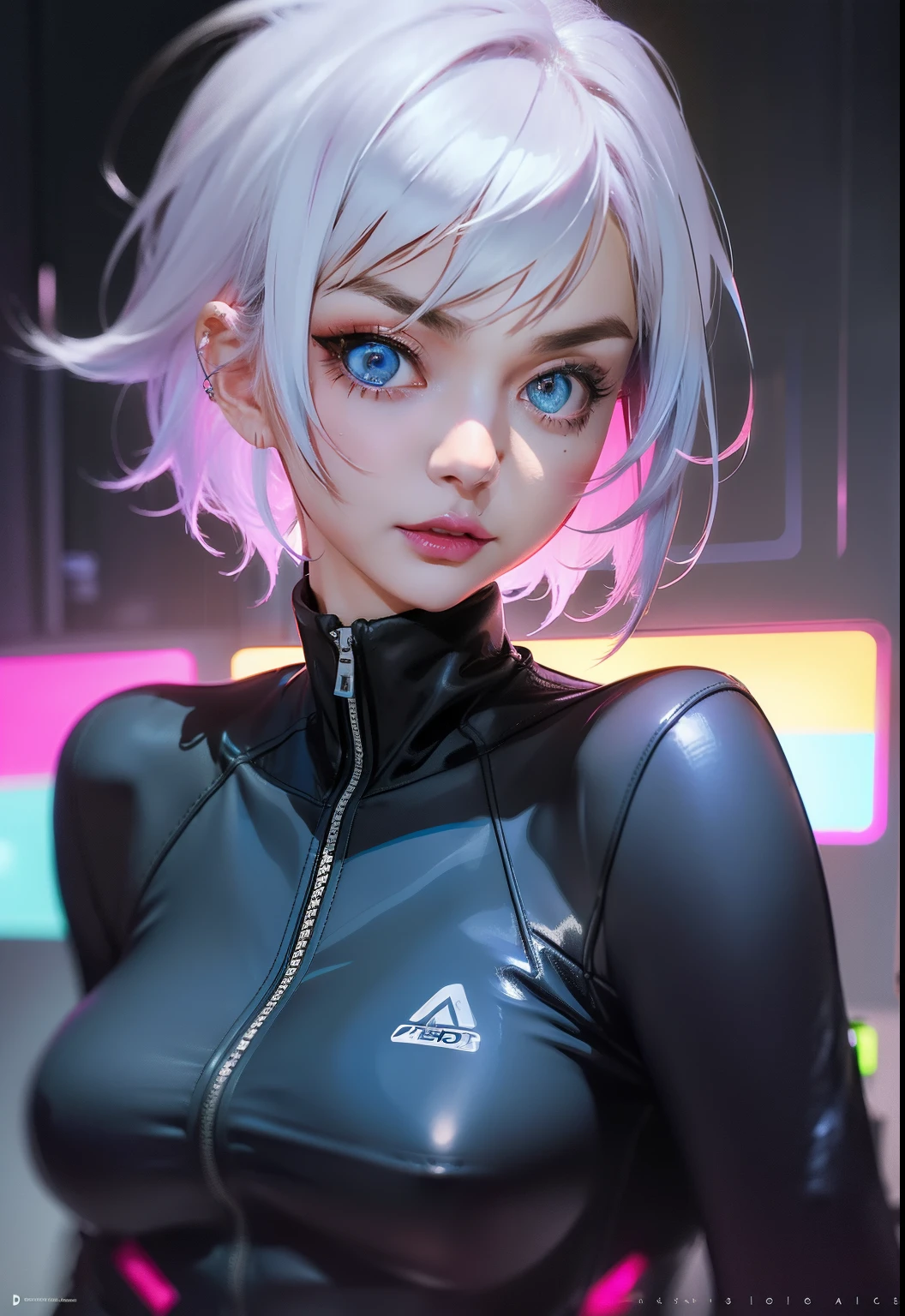 Woman 30 years (Sasha Grey pov), sewage steam, short white hair, tight sexy white swinsuit, low-cut, black leather jacket, cibernetic accessories, black tight shorts, no bra, beautiful face, super detail eyes, perfect eyes, medium breasts, close, sensual pose, fiery and lascivious wanting more, head turned to look at viewer, perfect hands, blue eyes, purple lipstick, detailed, digital art:1.2, ultra-detailed, photorealistic:1.37, futuristic, vibrant colors, neon lights, cyberpunk, cyberpunk neon nighttime scenarium