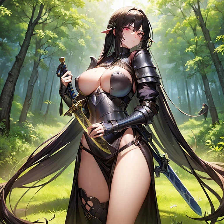 ((1 woman in medieval armor)),((bare breasts)),((in a forest)),((serious face)),((with lots of bubian hair)),((very long messy black hair, eyes blue)),((facing the viewer, holding a sword)),