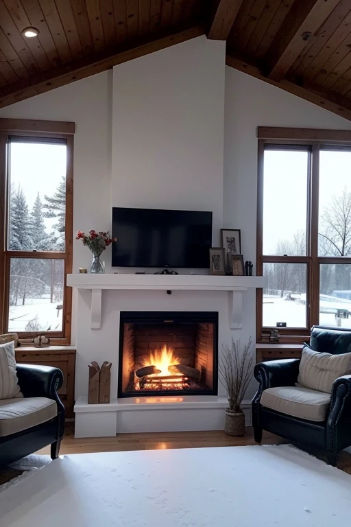 Countryside freezes，Heating the living room with a fireplace，Fireplace front view，There are ice picks under the eaves，HD8K，best qualtiy，Outside the window，eaves，Front view of fireplace，The best of the best