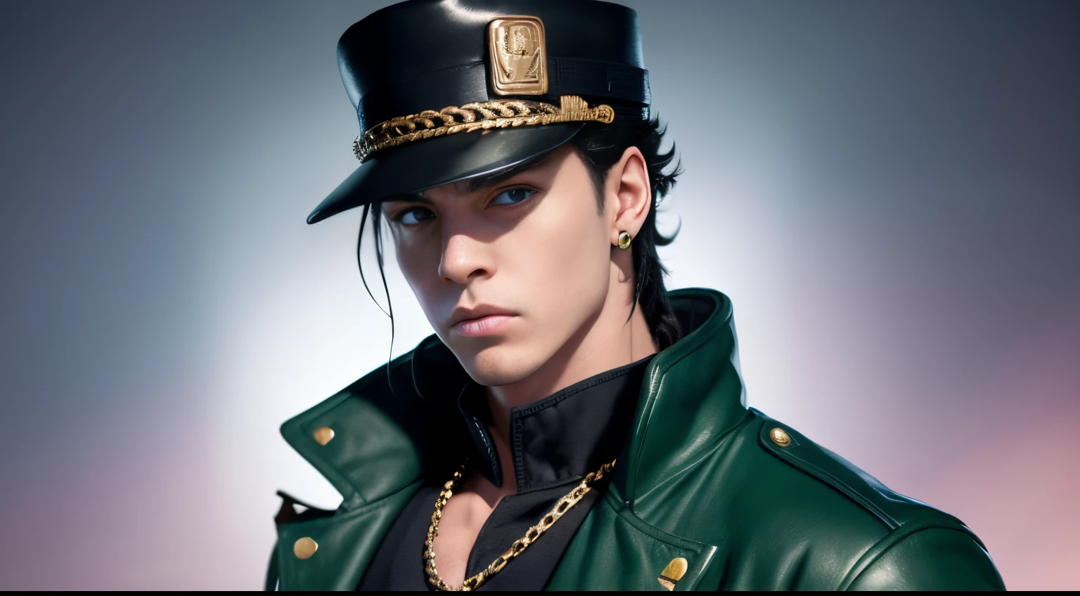 psychedelic, finely detailed, dramatic, ray tracing, Post-Apocalyptic, kujo jotaro, muscular male, hat, green eyes, school uniform, gakuran, long coat, jewelry, earrings, chain, upper body, solo, detailed face, detailed eyes, blue eyes, black clothes, black hat