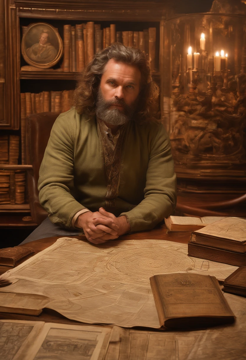 A mysterious array of astrological charts and celestial maps spread across the table, bathed in the soft glow of ancient candles.,original,Vincent “Vortex” Malone, with his disheveled appearance, is often seen in a dimly lit room, surrounded by screens and stacks of obscure books and papers. His wild, unkempt hair and intense, piercing eyes reflect his immersion in the world of conspiracy theories.