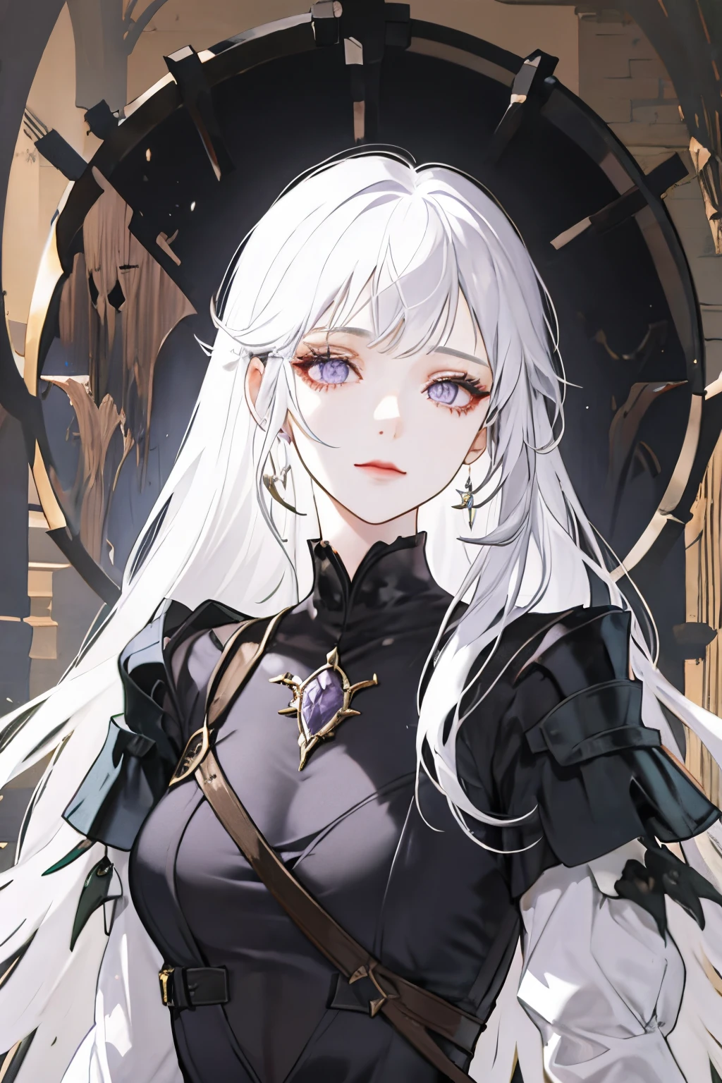 1 girl, adult, age 38 face, long white hair, amethyst eyes, beautiful with an air of purity and intelligence, upper body, royalty, condescending and calm princess who is a mastermind strategist, wearing a black demure and elegant dress, medieval fantasy, in a castle