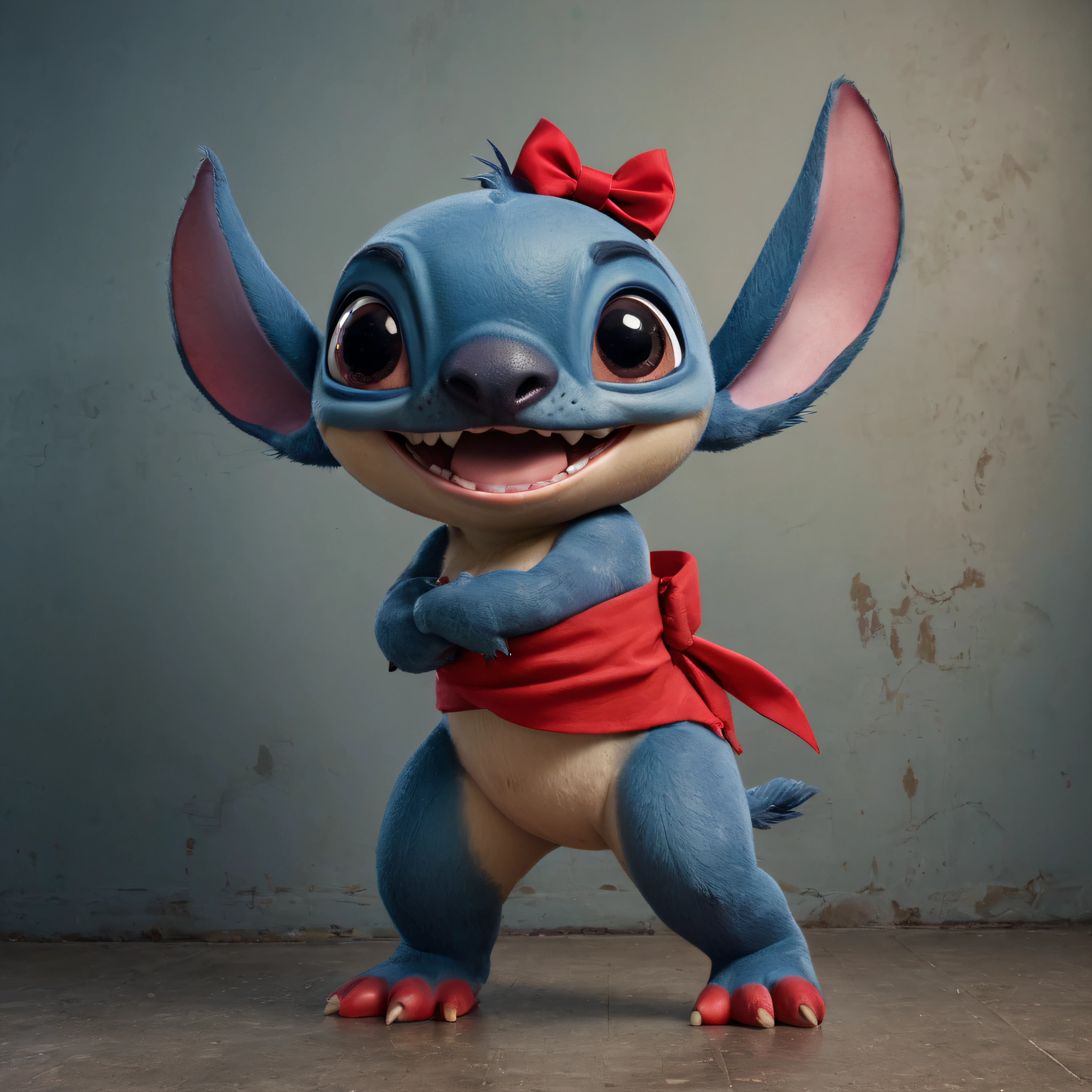 Full body portrait, head to toe, the real life Lilo and Stitch, completely naked, full frontal nudity, great big, giant, humongous, oversized tits, bright blue eyes, short, crew-cut, black hair, red bow in hair, tender features, slender, smiling, dark, stained wall in the background, Professional quality, digital photograph, 3D, 4k, 8k, 32k UHD, 1080p, Hyper realistic, photorealistic, extremely colorful, vibrant, photorealistic, realistic, sharp, highly detailed, professional quality, beautiful, awesome, majestic, superb, trending on artstation