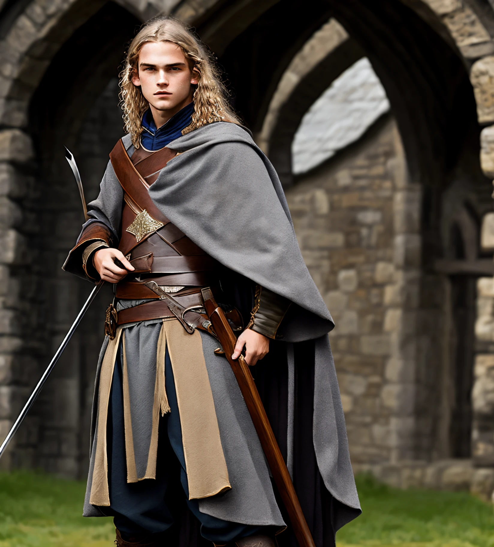 Teen peasant boy from medieval times with dirty long blond hair wearing dark tan clothing with a grey cloak draped over his shoulder and a sword sheathed to his back, he is also holding a crossbow in a relaxed posture.