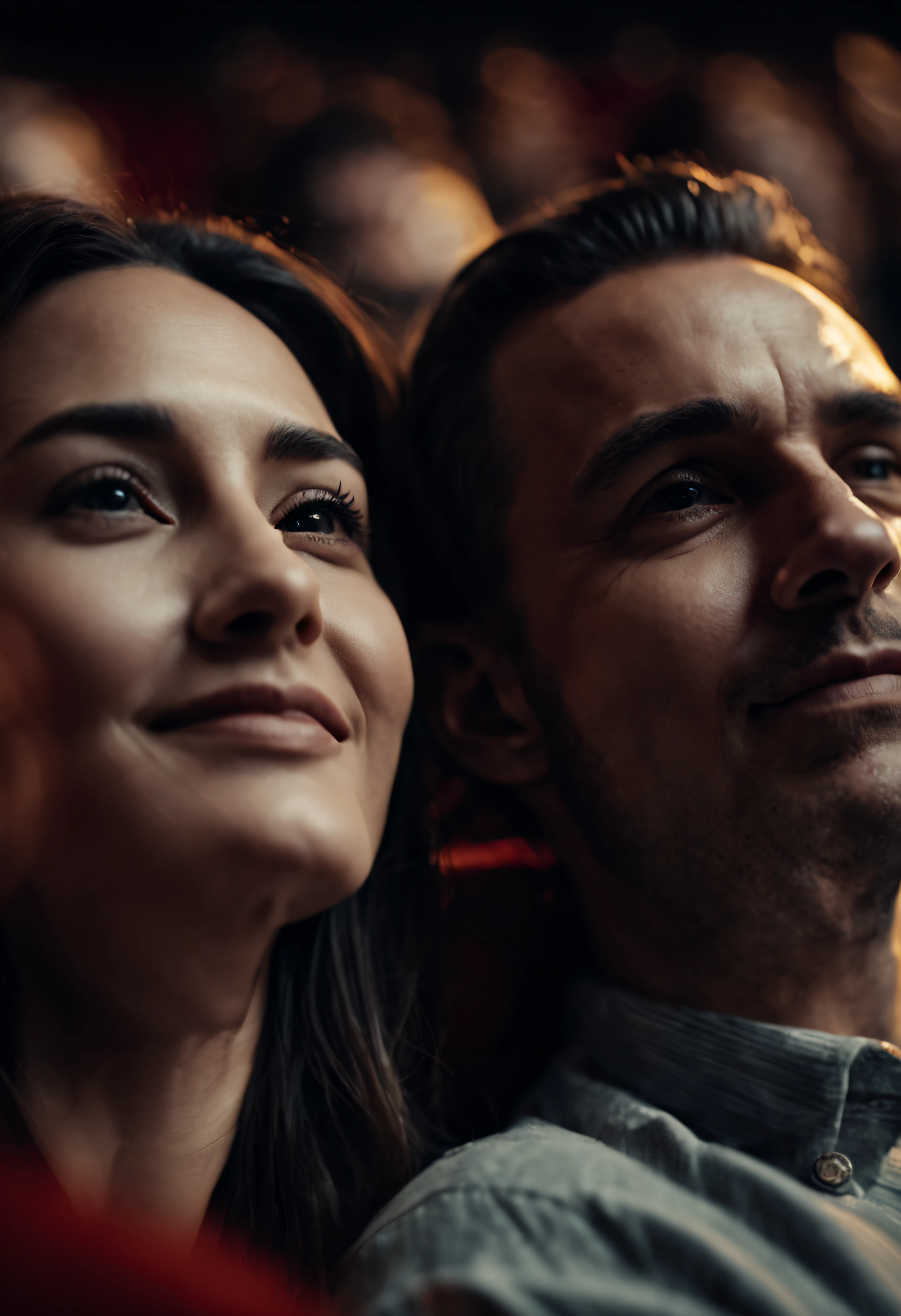 photograph close up portrait of Embraced couple enjoying in a movie in theatre , cinematic 4k epic detailed 4k epic detailed photograph shot on kodak detailed bokeh cinematic hbo dark moody