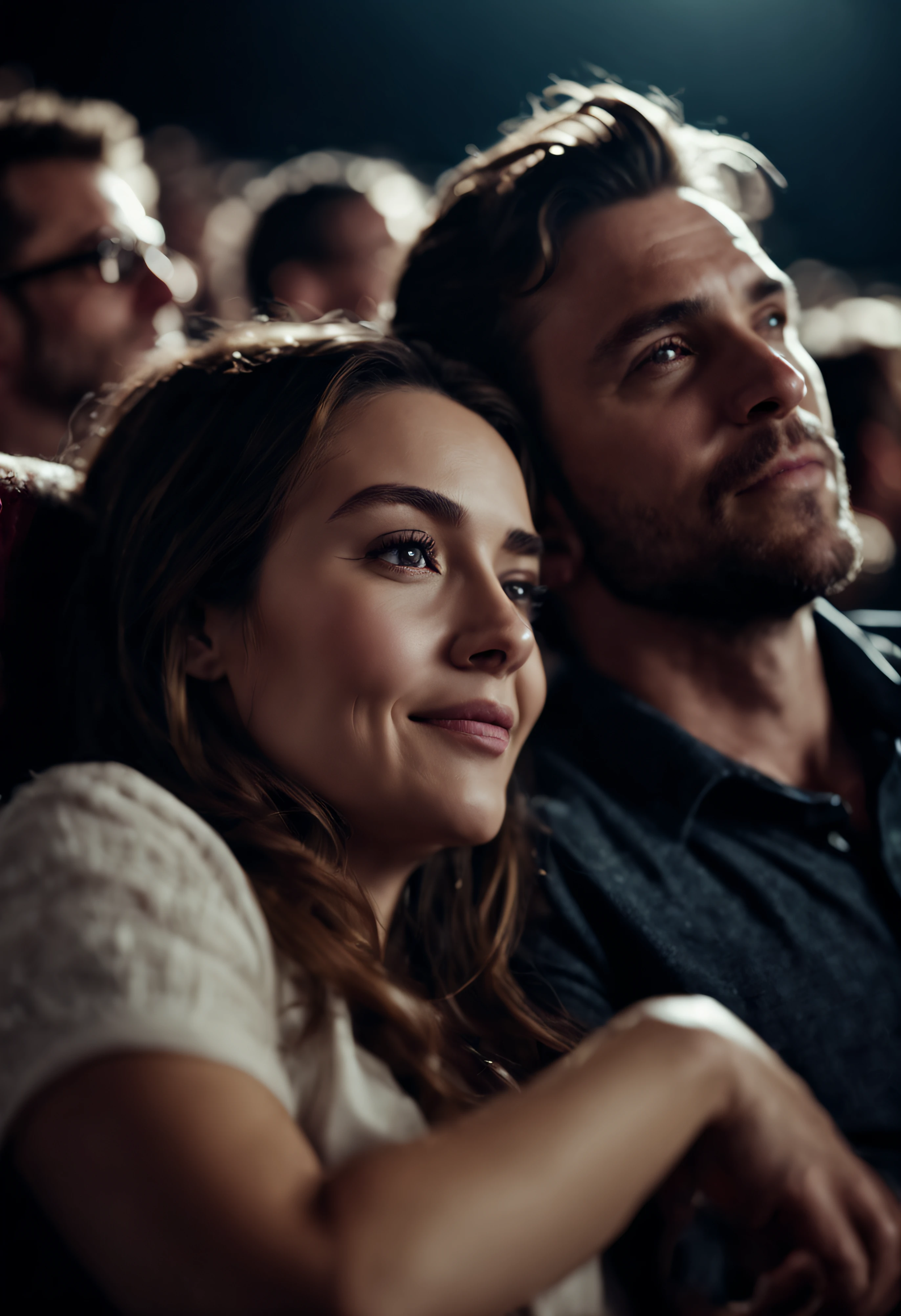 photograph close up portrait of Embraced couple enjoying in a movie in theatre , cinematic 4k epic detailed 4k epic detailed photograph shot on kodak detailed bokeh cinematic hbo dark moody