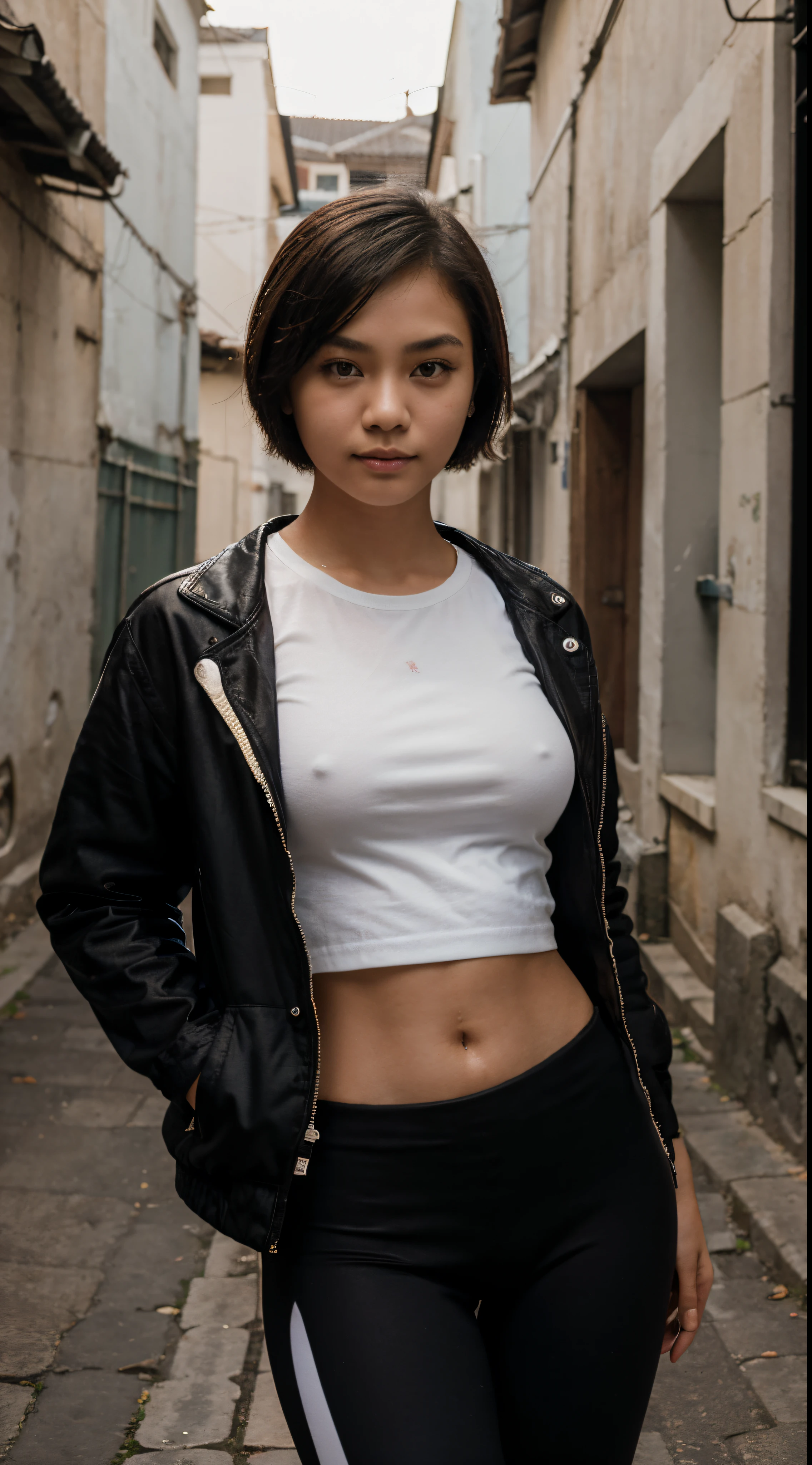 ((high quality)), ((masterpiece)), 8k, 18 years old indonesian girl, slender, small breast, short hair, white shirt, black jacket, black yoga pants, smug face, depth of field, face to camera. professional model, alley,