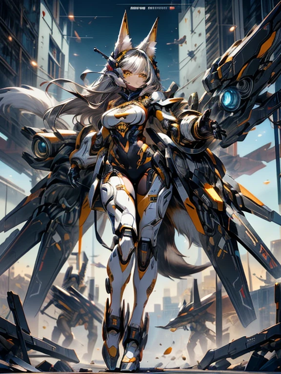 (masterpiece), (best quality:1.4), (perfect anatomy:1.4), high quality, expressive eyes, full body, tall girl, detailed face, beautiful face, perfect face, breasts, cleavage, gloves, huge breasts, cyberpunk, (black armor), long hair, ((tanned skin)), straight hair, detailed (ash gray hair), detailed eyes, (yellow eyes), fox ears, fox tail, hourglass physique, bodysuit, thick thighs, toned, emblem, superhero, dynamic lighting, 4k resolution, dynamic pose, cover, mecha musume, fortified suit, mechanical parts, headgear, robot joints, bodysuit, deva battle suit, glove