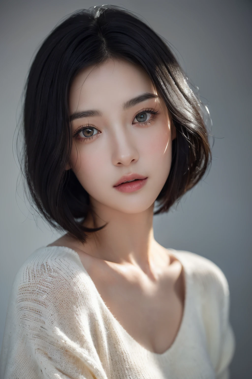 (masterpiece:1.3), (8k, photorealistic, RAW photo, best quality: 1.4), (1girl), beautiful face, (realistic face), (black hair, wolfcut:1.3), beautiful hairstyle, realistic eyes, beautiful detailed eyes, (realistic skin), beautiful skin, (sweater), absurdres, attractive, ultra high res, ultra realistic, highly detailed, golden ratio
