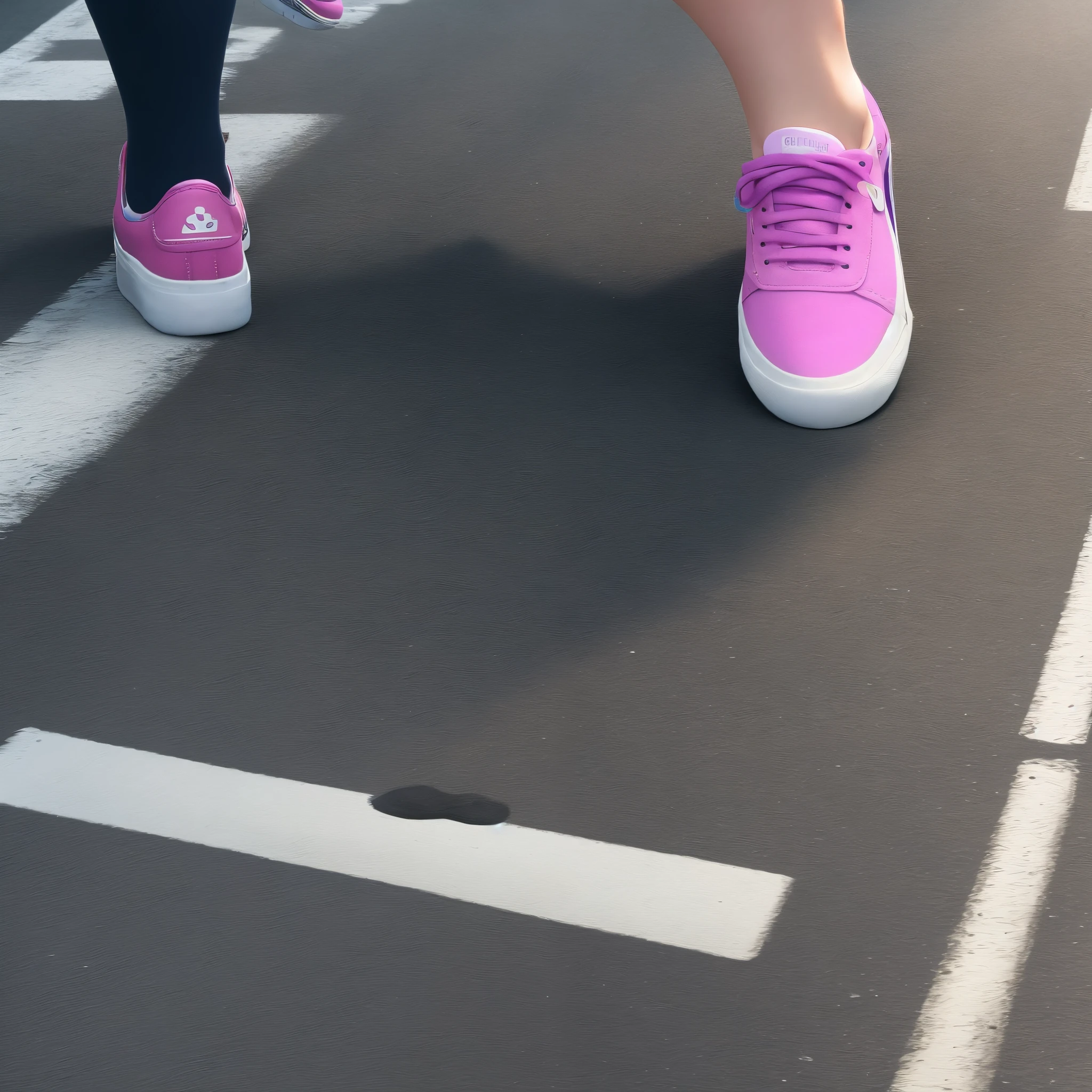 Person walking on crosswalk, close up on sneakers, bubble gum stretching from shoe
