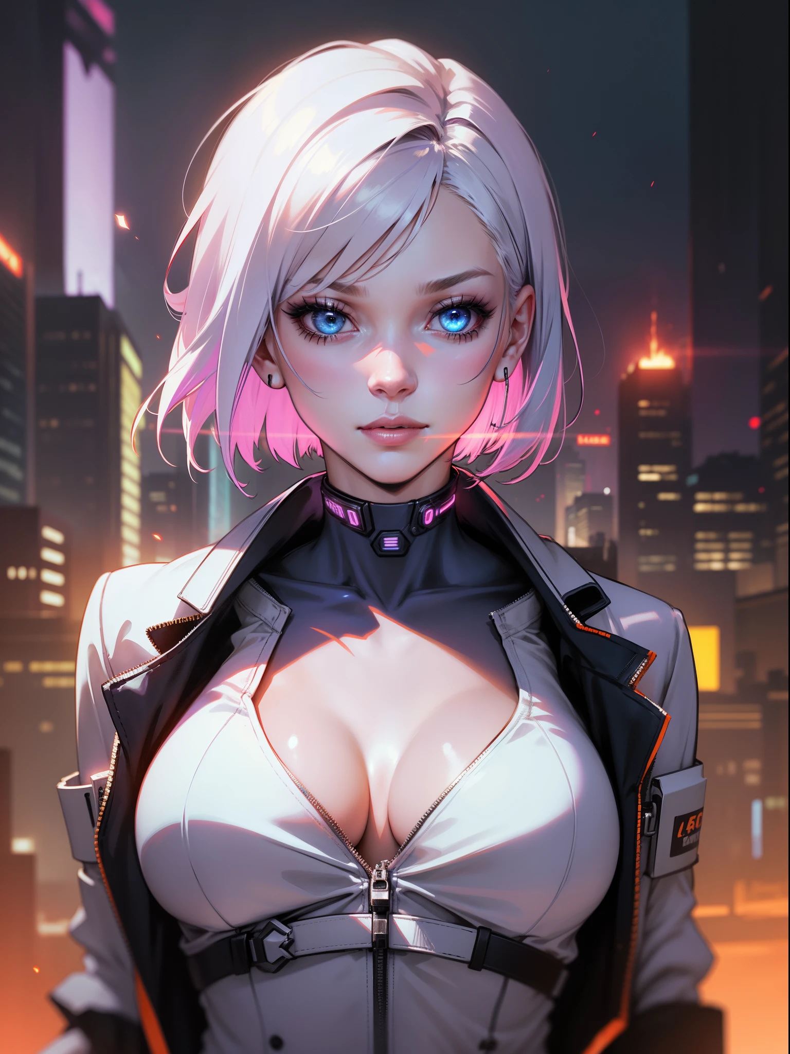 Woman 30 years face close (Lea Seydoux pov), short white hair, sidecut hair, tight sexy white swinsuit, cibernetic accessories, unbuttoned cyberpunk white jacket, no buttons, beautiful face, super detail eyes, perfect eyes, medium breasts, close, fiery and lascivious wanting more, front view, blue eyes, purple lipstick, neon lights, cyberpunk, nighttime scenarium, fire particles, hot