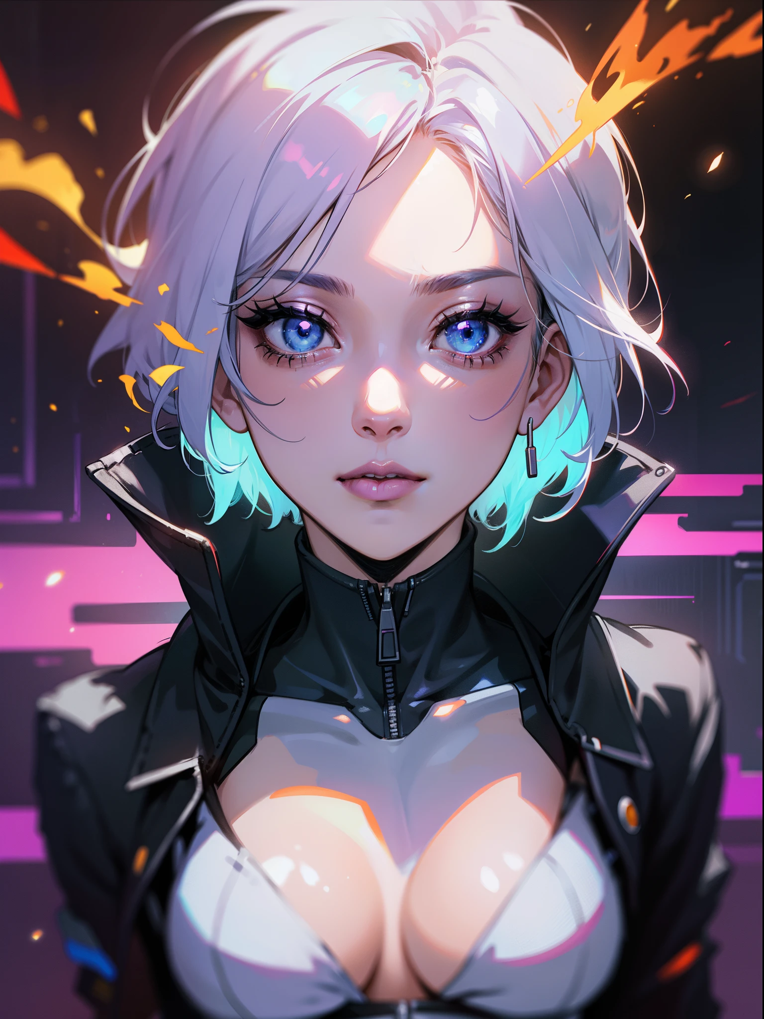 Woman 30 years face close (Emily Ratajkowski pov), short white hair, sidecut hair, tight sexy white swinsuit, cibernetic accessories, unbuttoned cyberpunk white jacket, no buttons, beautiful face, super detail eyes, perfect eyes, medium breasts, wet and soft, close, fiery and lascivious wanting more, front view, blue eyes, purple lipstick, wet skin, wet hair, rain, neon lights, cyberpunk, intense storm nighttime scenarium