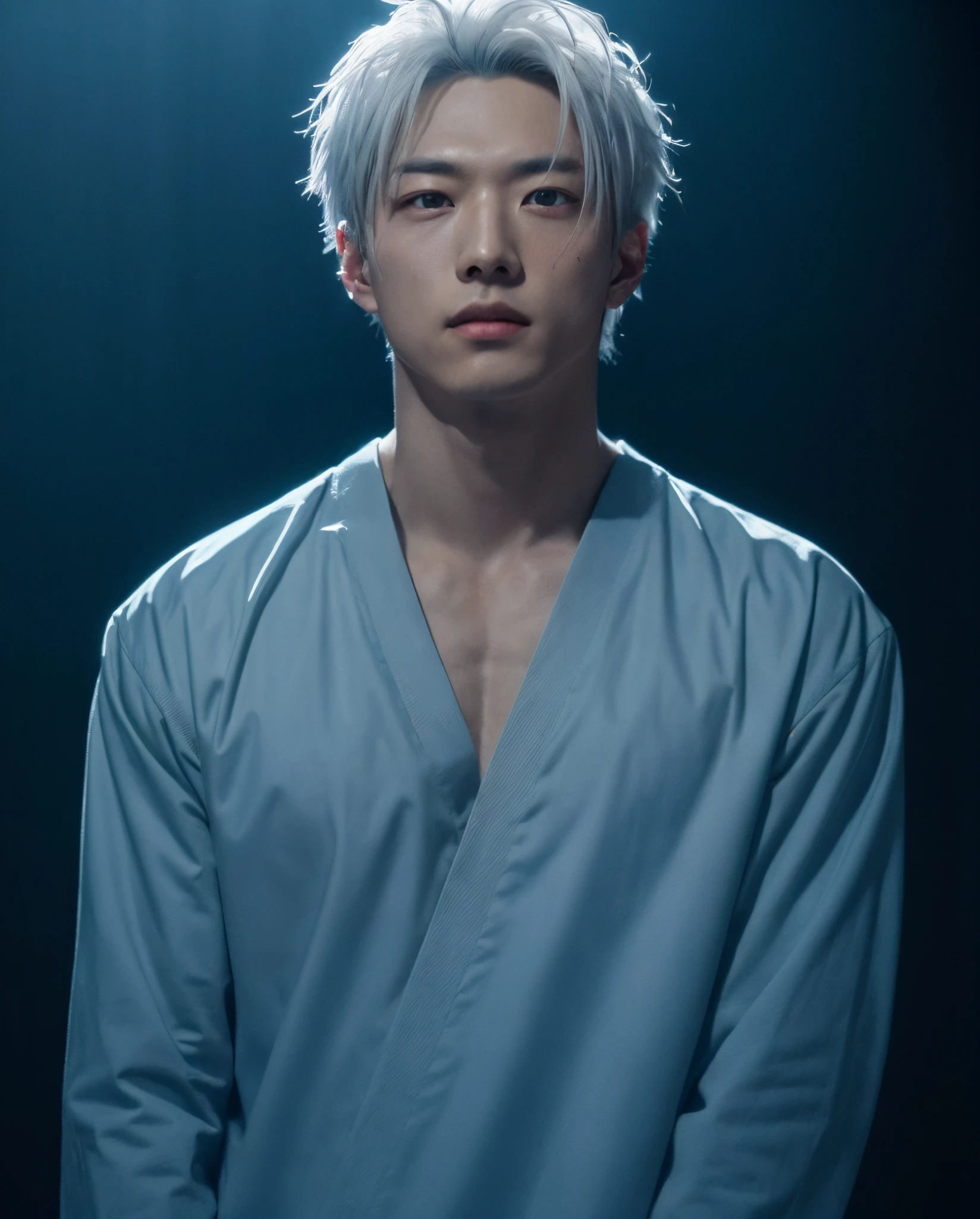 ((High detail、Cinematic lighting))、Messy white hair、aquamarine Eyes、White eyelashes、god light、Ray tracing、shadowing、Optical illusion、The upper part of the body、Looking at the camera、Masterpiece、((Super detail、Best quality、8K))、jujutsu kaisen、(A handsome man:1.3),Gojo Gojo、Black attire、The surgery begins、Perfect black background、serene look、formidable presence、Enigmatic Atmosphere、(Strange moonshine、Ominous Shadows、Intense Blue Aura、Rich red halo、Symbolizes the power around him、Radiating Magical Energy、Mystical Artifacts、Ether-like granules、dynamicposes、epic soundtrack、(((The detailed hand)))、sunglasses(Collector:DPM++2MKarras model:majicMIX alpha Maiju boy group style:Korean male comic face i2(0.7)Text strength:10 steps:25