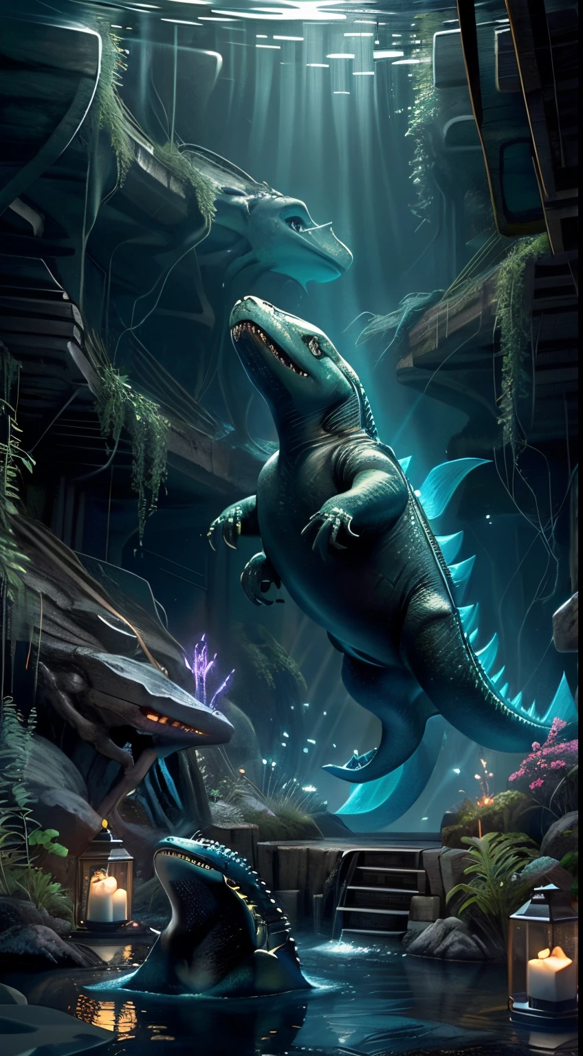 Mosasaur emerging from dark depths into a radiant underwater cavern, bioluminescent creatures casting an otherworldly glow, creating an eerie yet captivating ambiance around the majestic reptile, Sculpture, 3D rendering capturing the mystical allure of the scene, --ar 9:16 --v 5