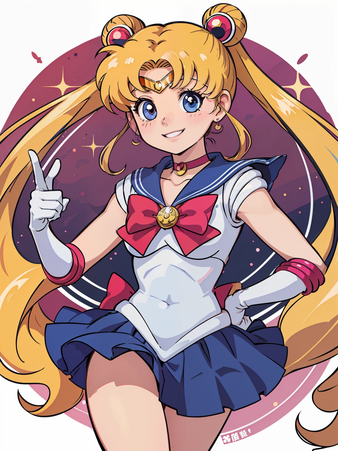 Sticker, 2d sticker, vector style, vector design, Tsukino usagi kawaii style, sailor moon cute, big eyes, smiling, simple background, inside a circle.